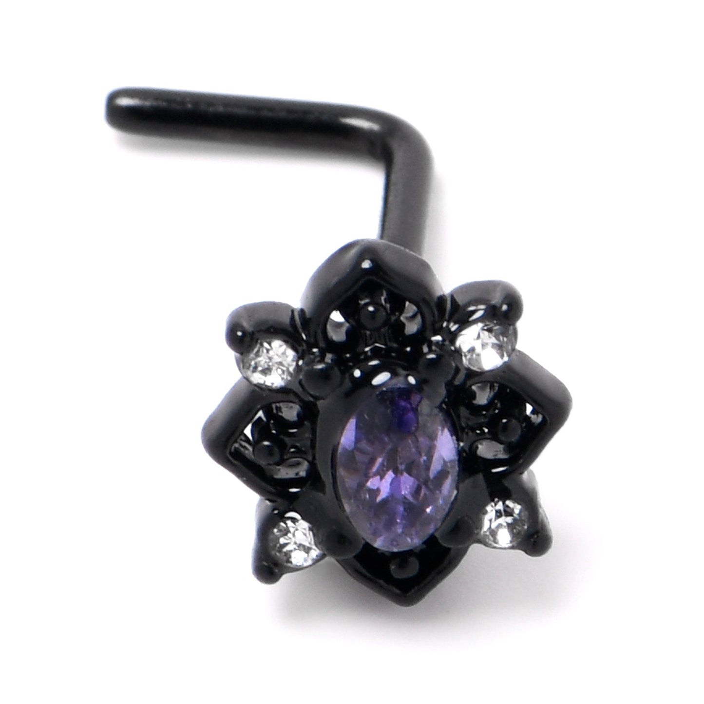 20G 7mm Purple Gem Black Scrolling Hearts L Shape Nose Ring