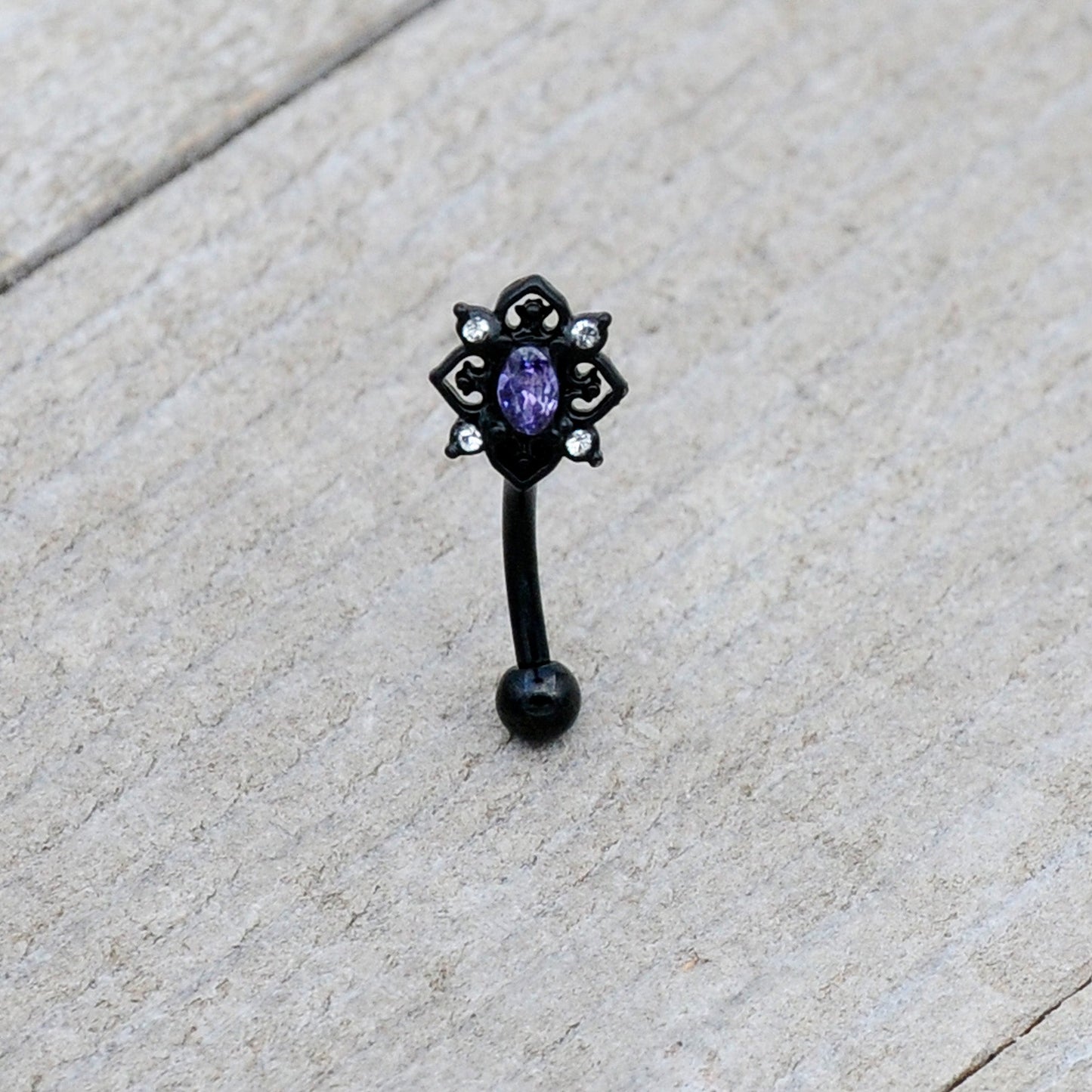 16G 5/16 Purple Gem Black Scrolling Hearts Curved Eyebrow Ring