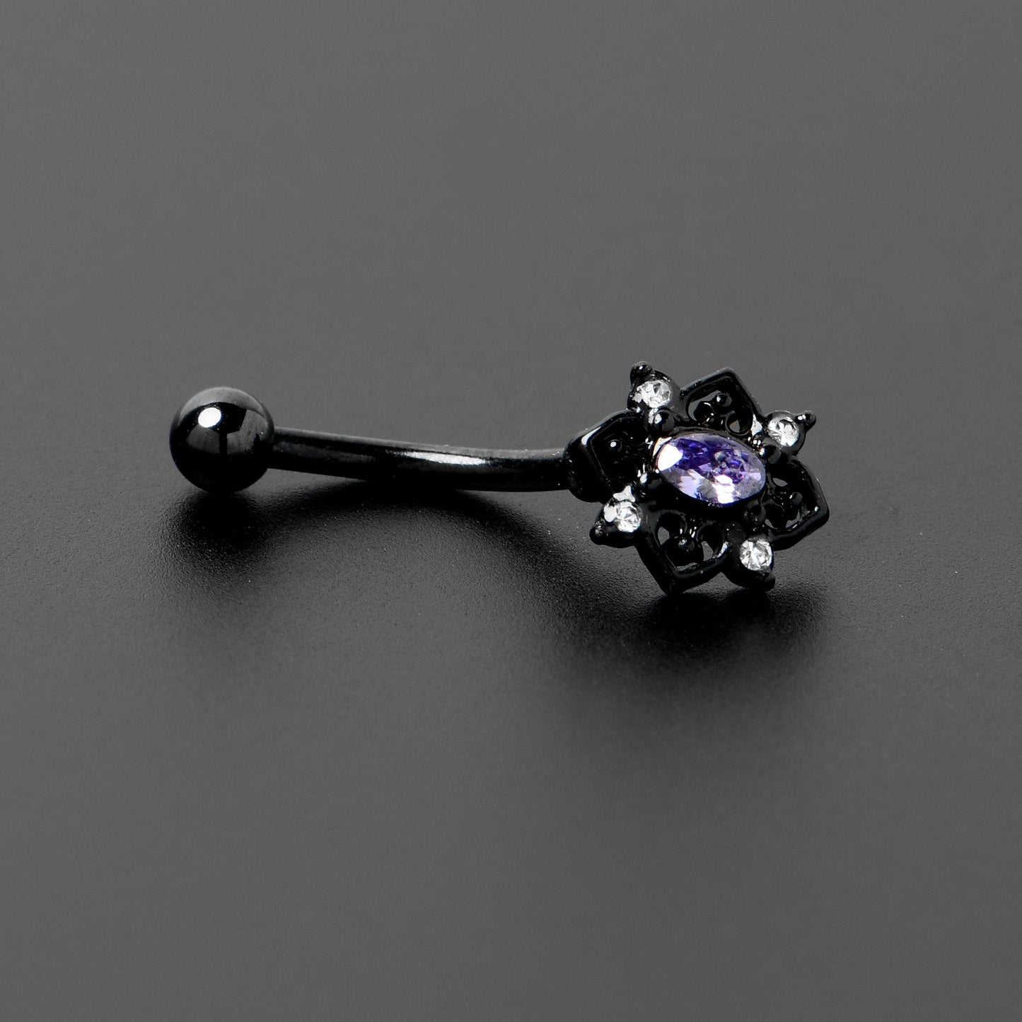 16G 5/16 Purple Gem Black Scrolling Hearts Curved Eyebrow Ring