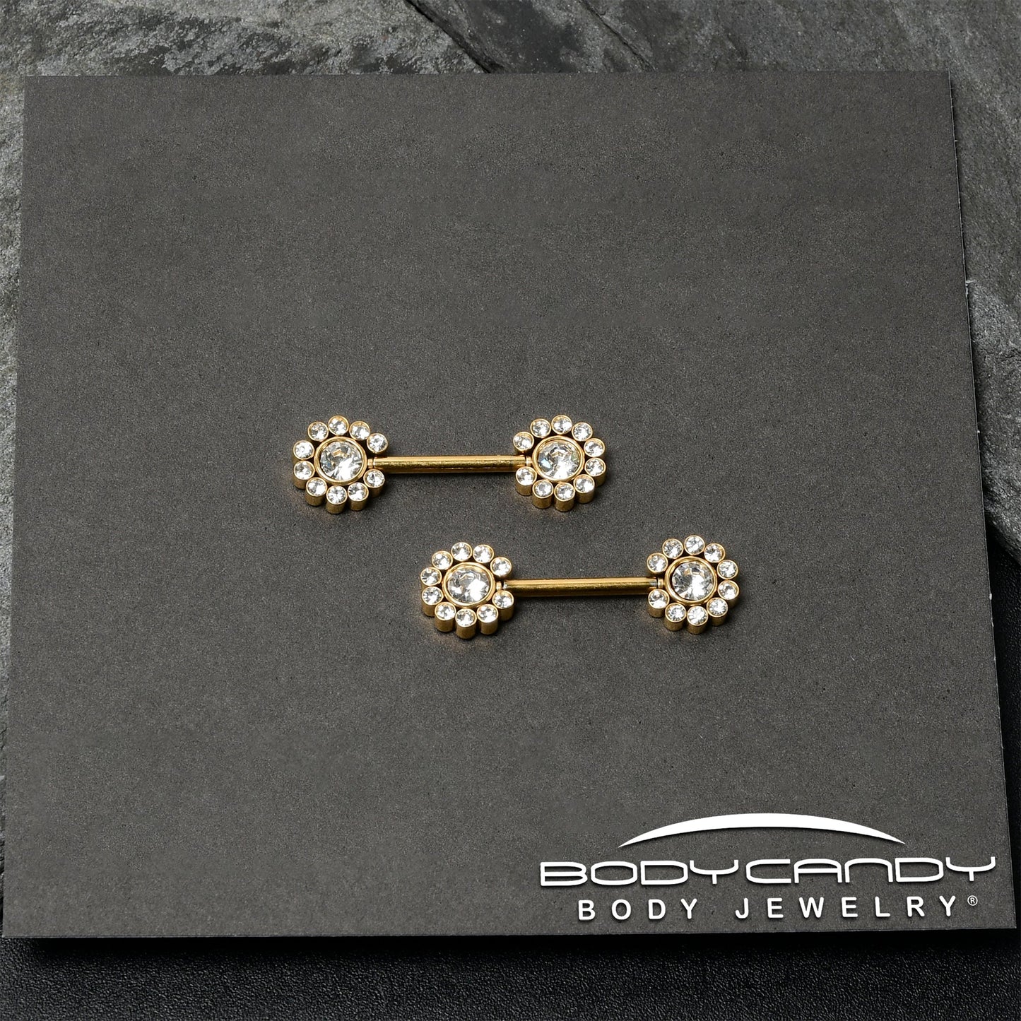 14G 9/16 Clear CZ Gem Gold Tone Flower Threadless Nipple Ring Set