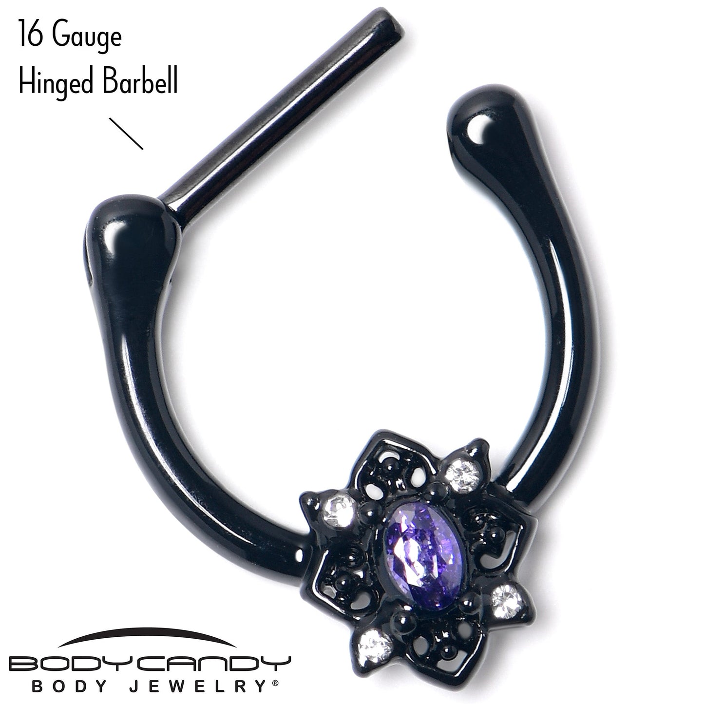 16G 5/16 Purple Gem Black Scrolling Hearts Cartilage Clicker