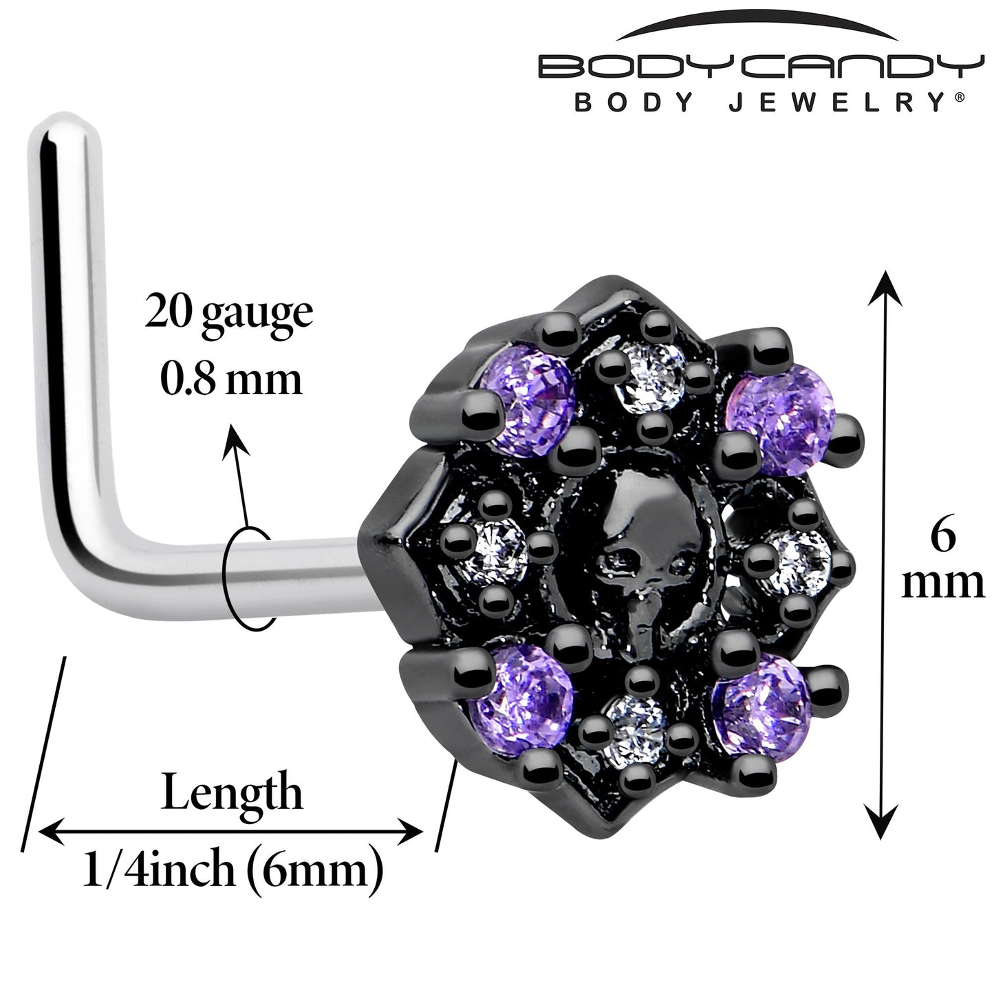 20G 7mm Pink Gem Skull Cross L Shape Nose Ring