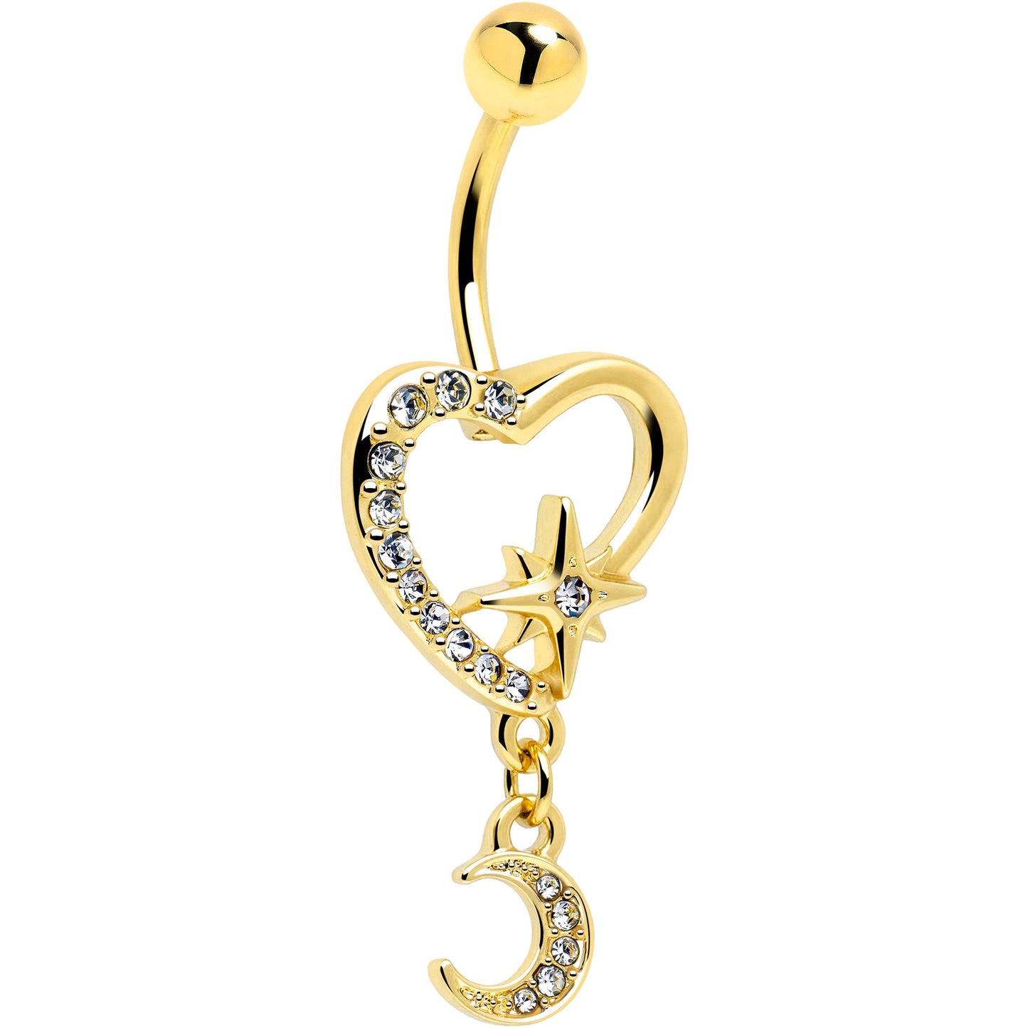 Clear Gem Gold Tone Heart Moon Dangle Belly Ring