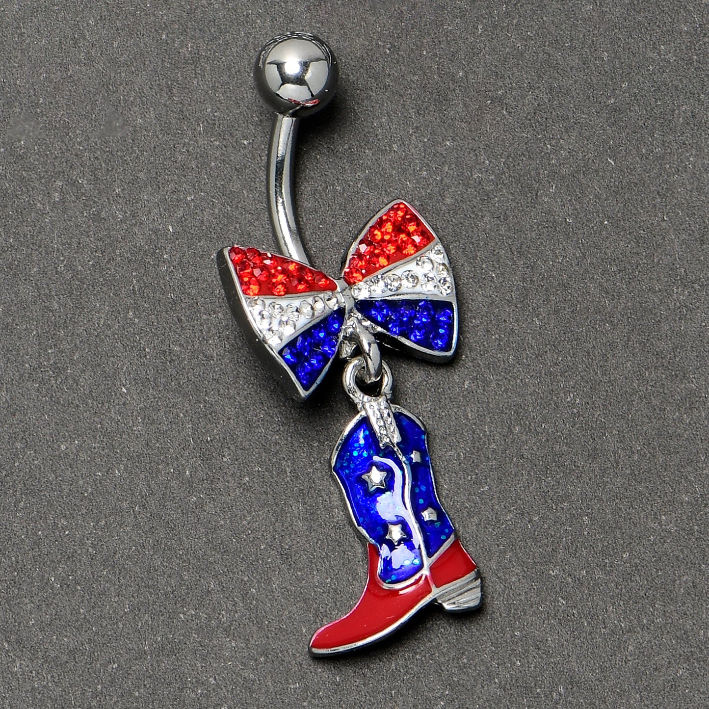 Red Blue Clear Gem Bow Cowboy Boot Patriotic Dangle Belly Ring