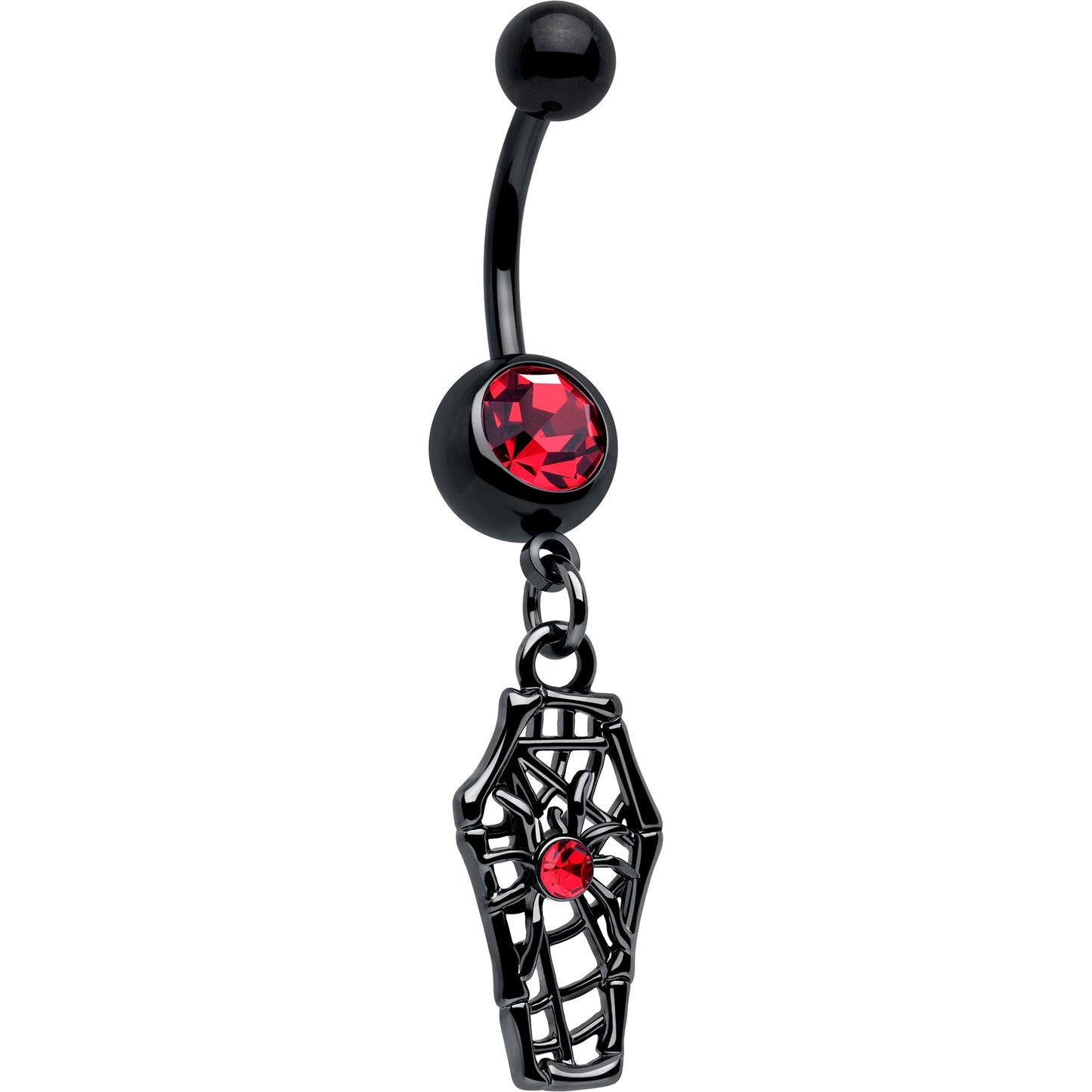 Red Gem Black Spider Coffin Dangle Belly Ring