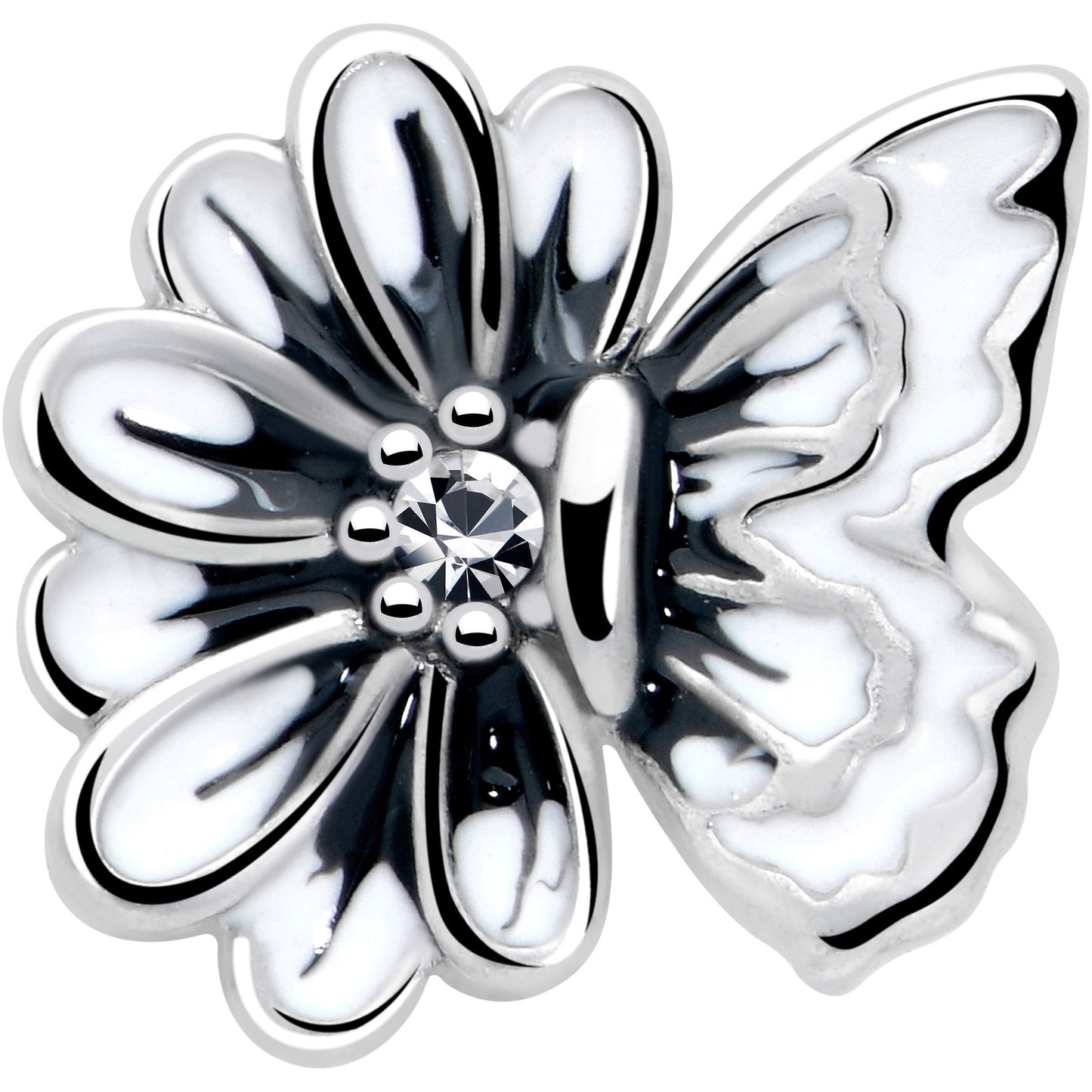 20G 1/4 Clear CZ Gem Butterfly Blossom White L Shape Nose Ring