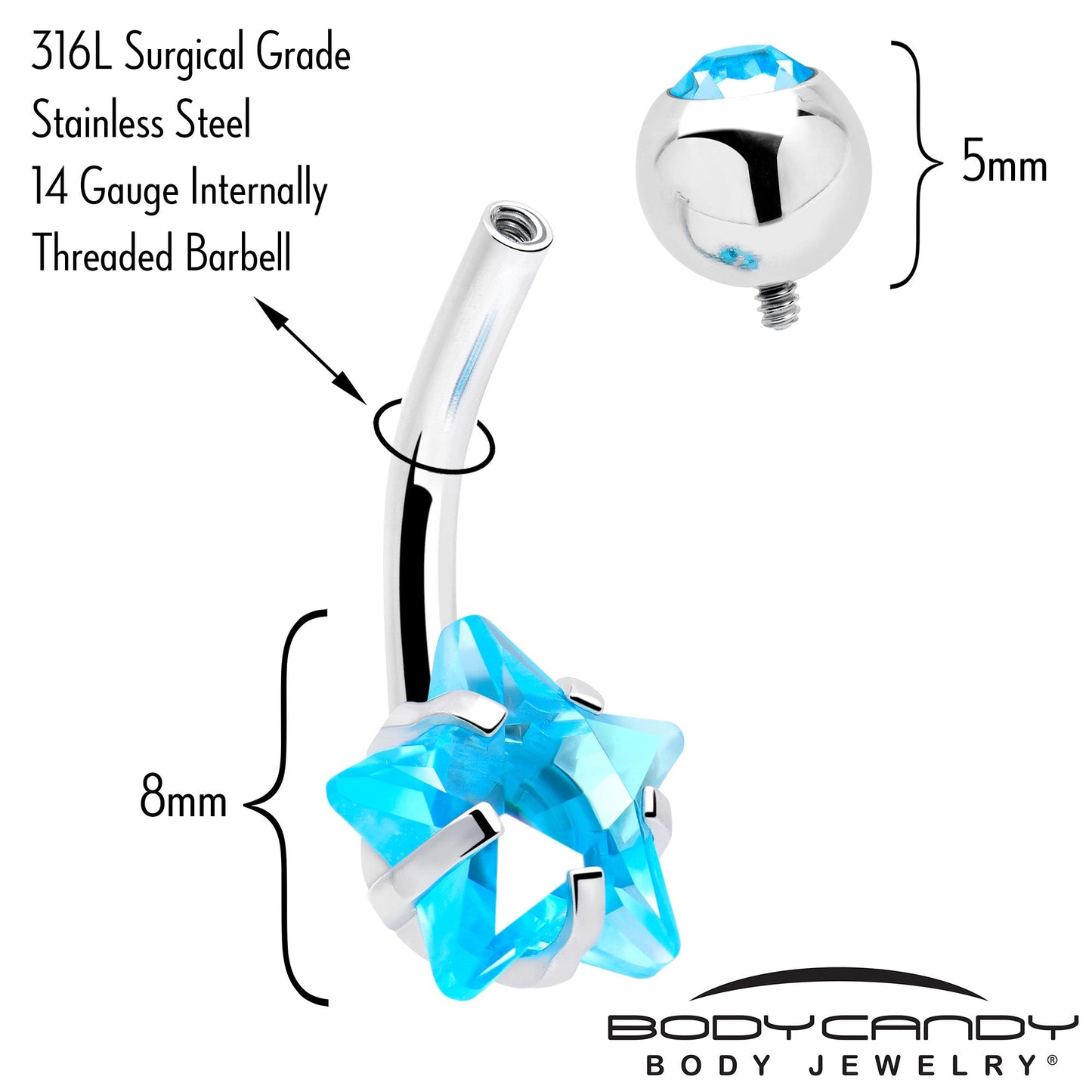 Blue CZ Gem Internally Threaded Simply Star Belly Ring