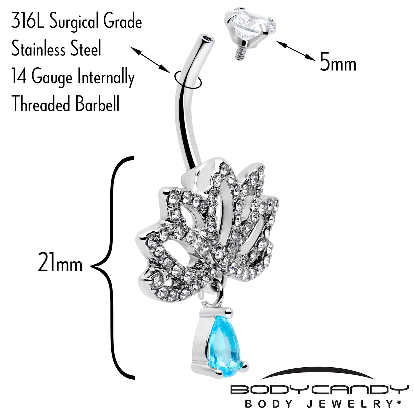Clear Blue CZ Gem Fashion Flower Lotus Flower Dangle Belly Ring