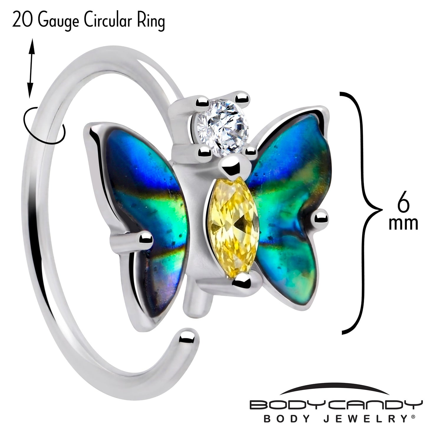 20G 5/16 Clear Yellow Gem Dark Butterfly Nose Hoop