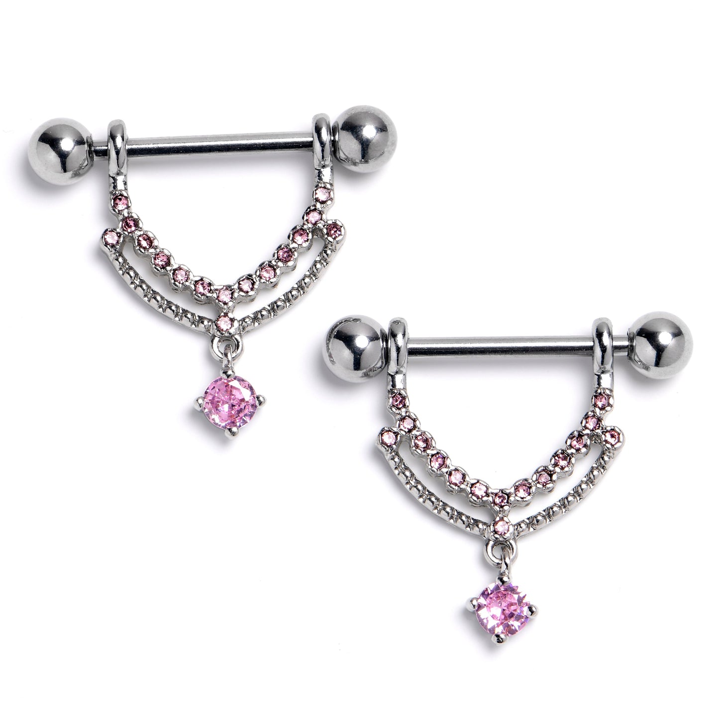 14G 9/16 Pink CZ Gem Double Curvation Dangle Nipple Ring Set