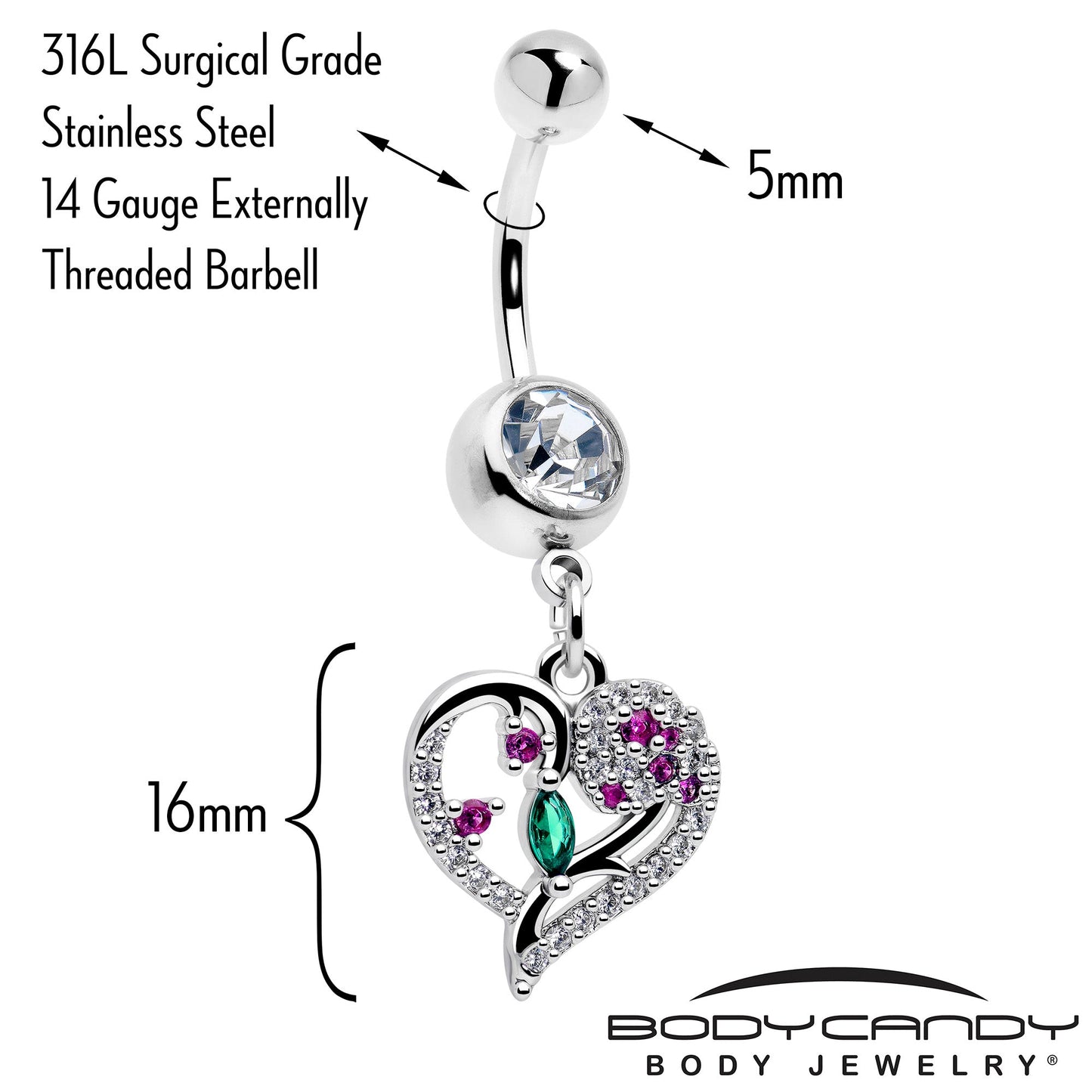 Emerald Passion CZ Gem Heart Dangle Belly Ring