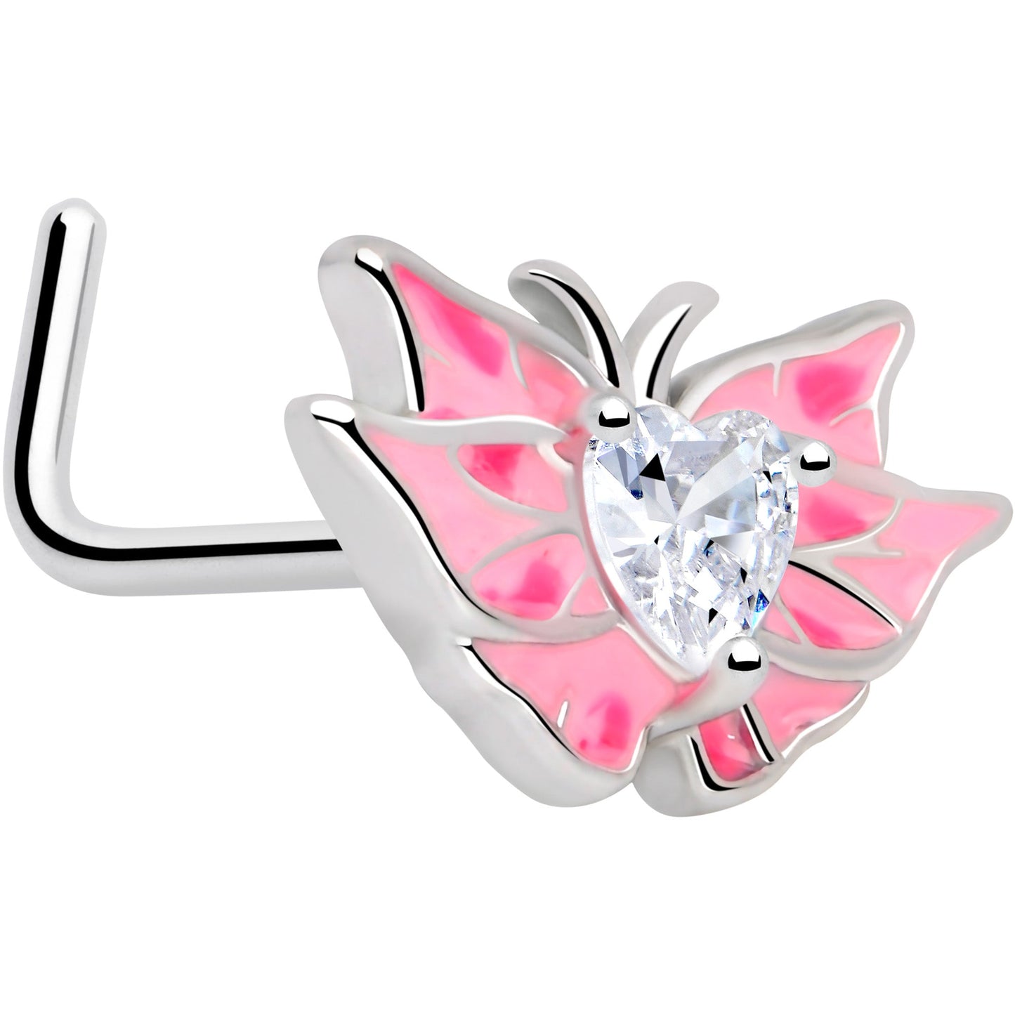 20G 7mm Clear Gem Heart Butterfly Pink Wings L Shape Nose Ring