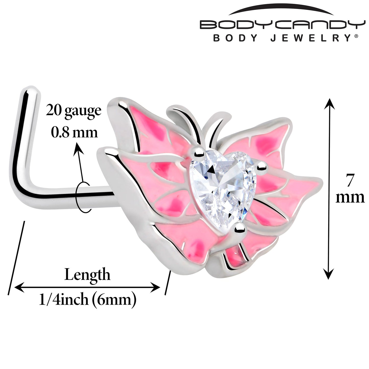 20G 7mm Clear Gem Heart Butterfly Pink Wings L Shape Nose Ring