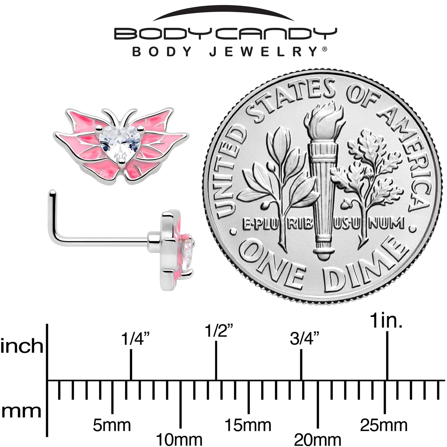 20G 7mm Clear Gem Heart Butterfly Pink Wings L Shape Nose Ring