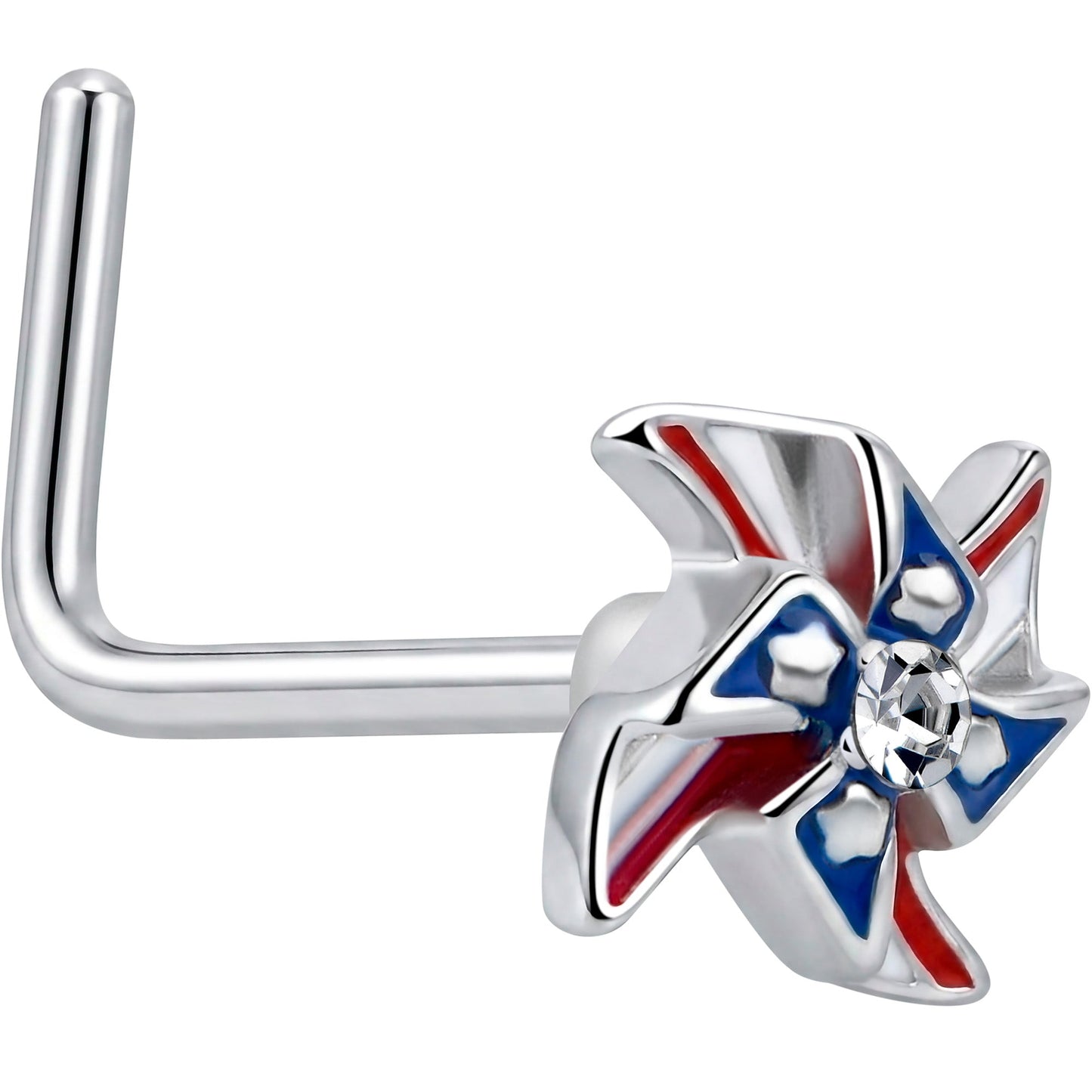 20G 7mm Clear Gem Festive Patriot Pinwheel L Shape Nose Ring