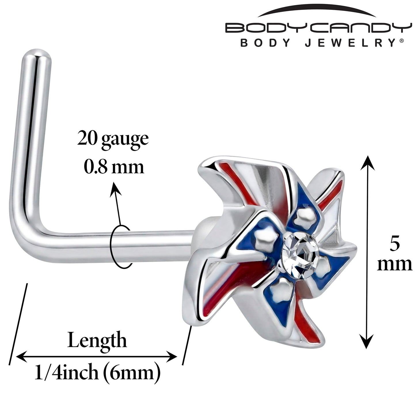 20G 7mm Clear Gem Festive Patriot Pinwheel L Shape Nose Ring