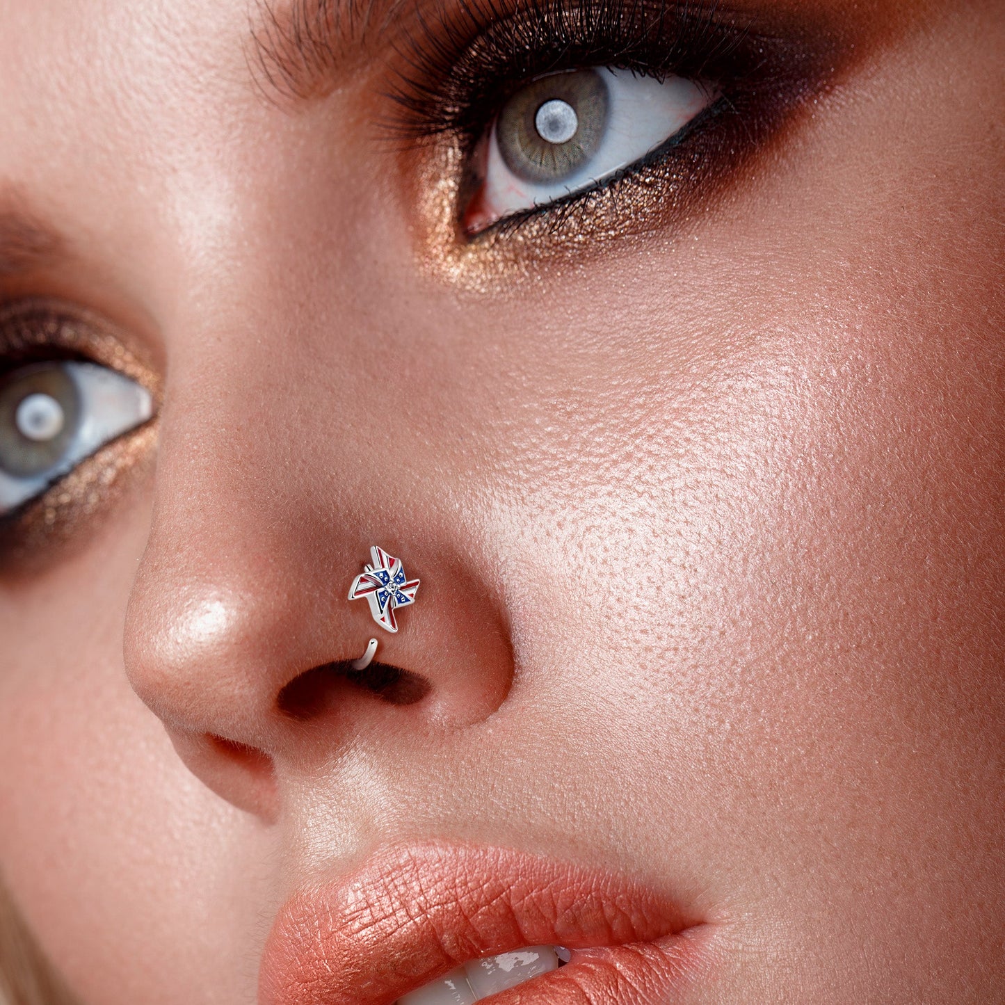 20G 5/16 Clear Gem Festive Patriot Pinwheel Nose Hoop