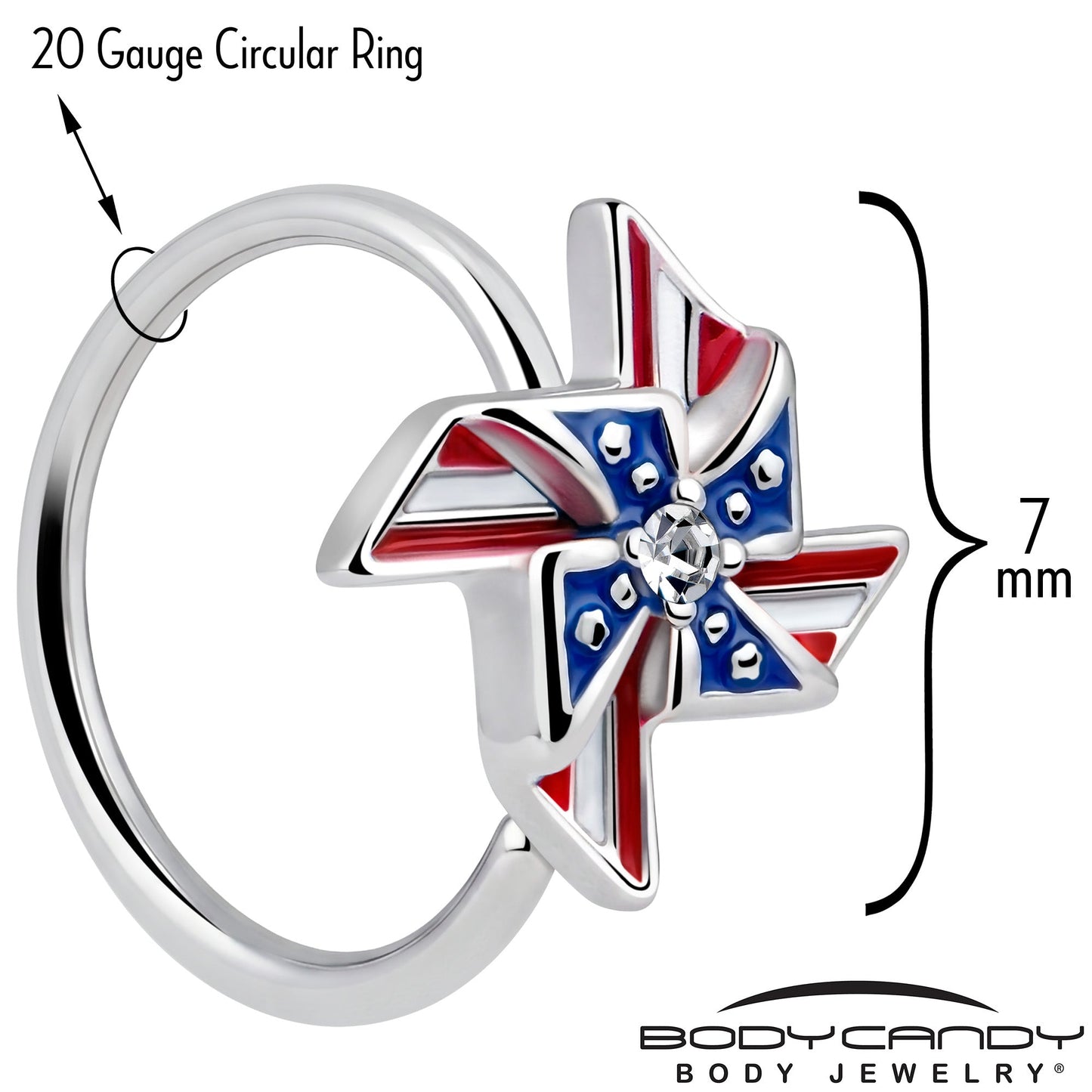 20G 5/16 Clear Gem Festive Patriot Pinwheel Nose Hoop