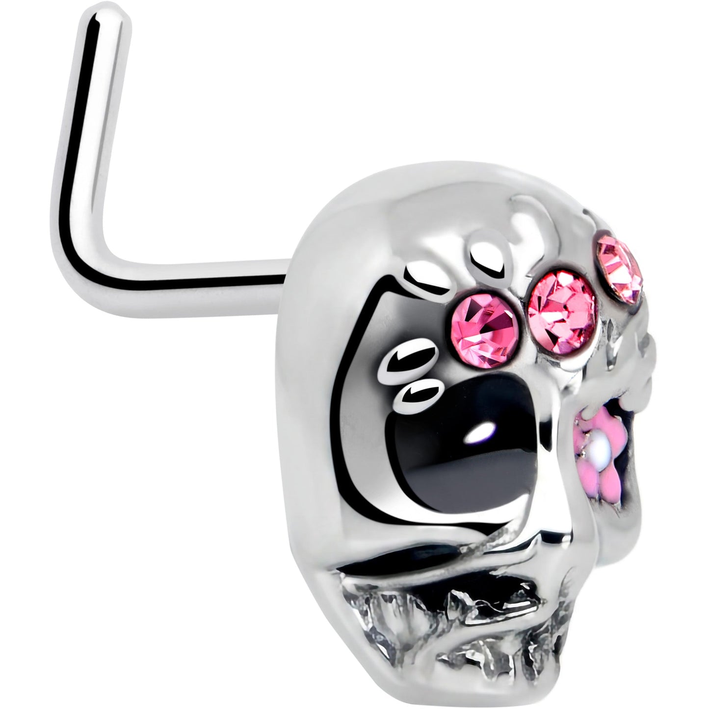 20G 7mm Pink CZ Gem Stylish Skull L Shape Nose Ring