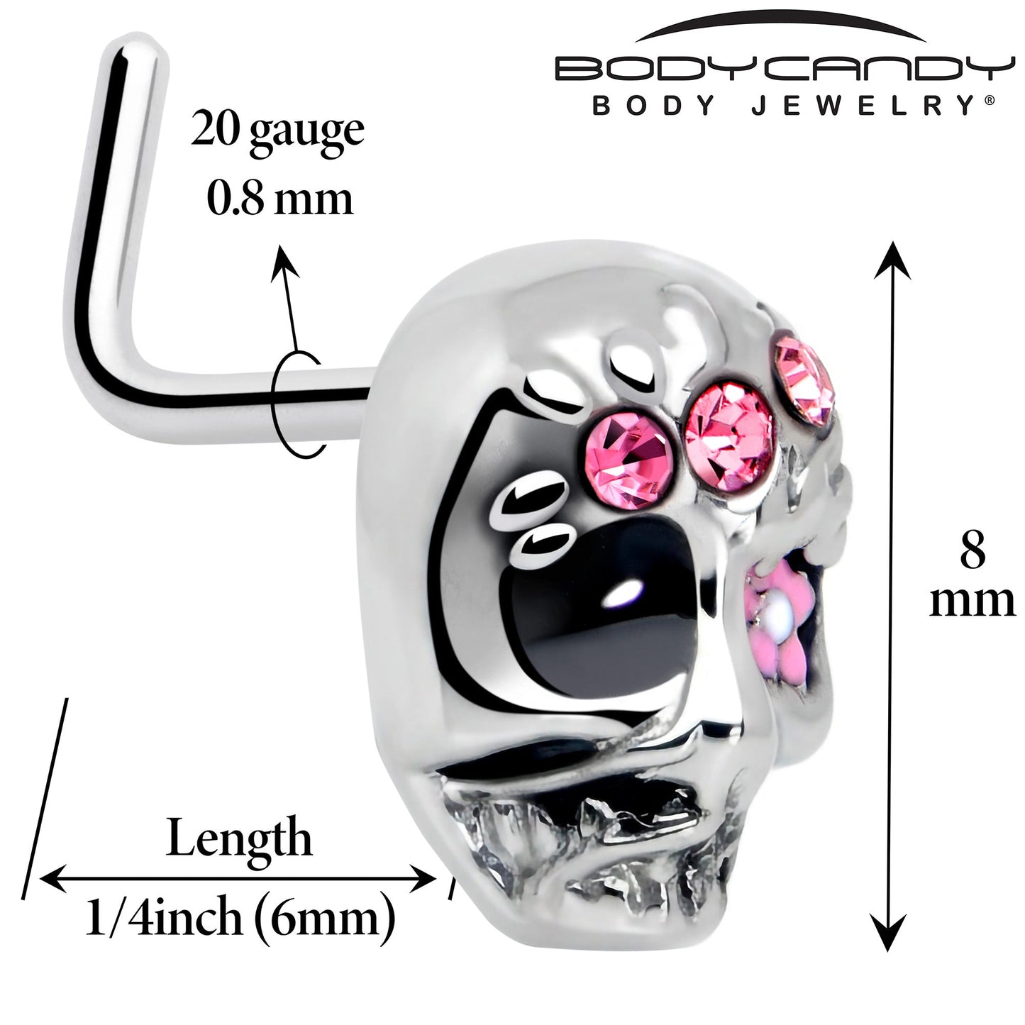 20G 7mm Pink CZ Gem Stylish Skull L Shape Nose Ring