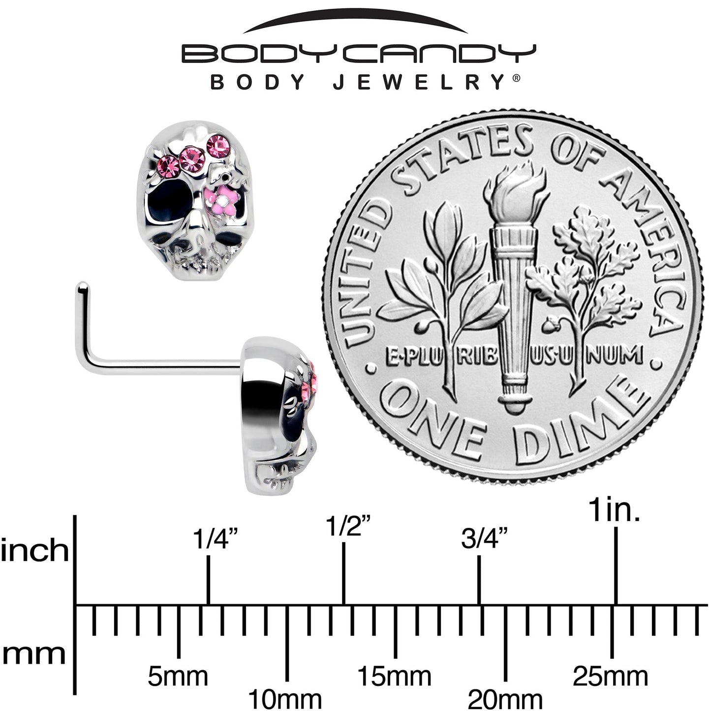 20G 7mm Pink CZ Gem Stylish Skull L Shape Nose Ring