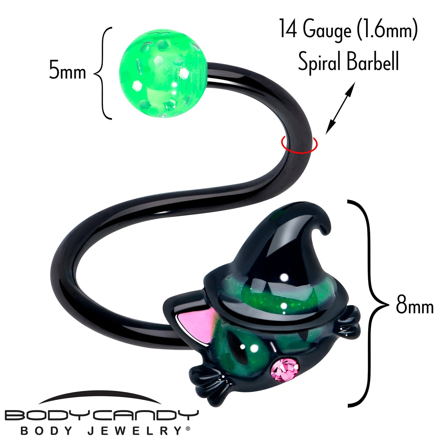 Pink Gem Black Halloween Hat Cat Spiral Twister Belly Ring