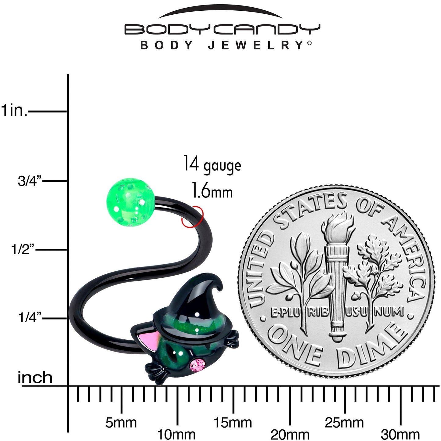 Pink Gem Black Halloween Hat Cat Spiral Twister Belly Ring