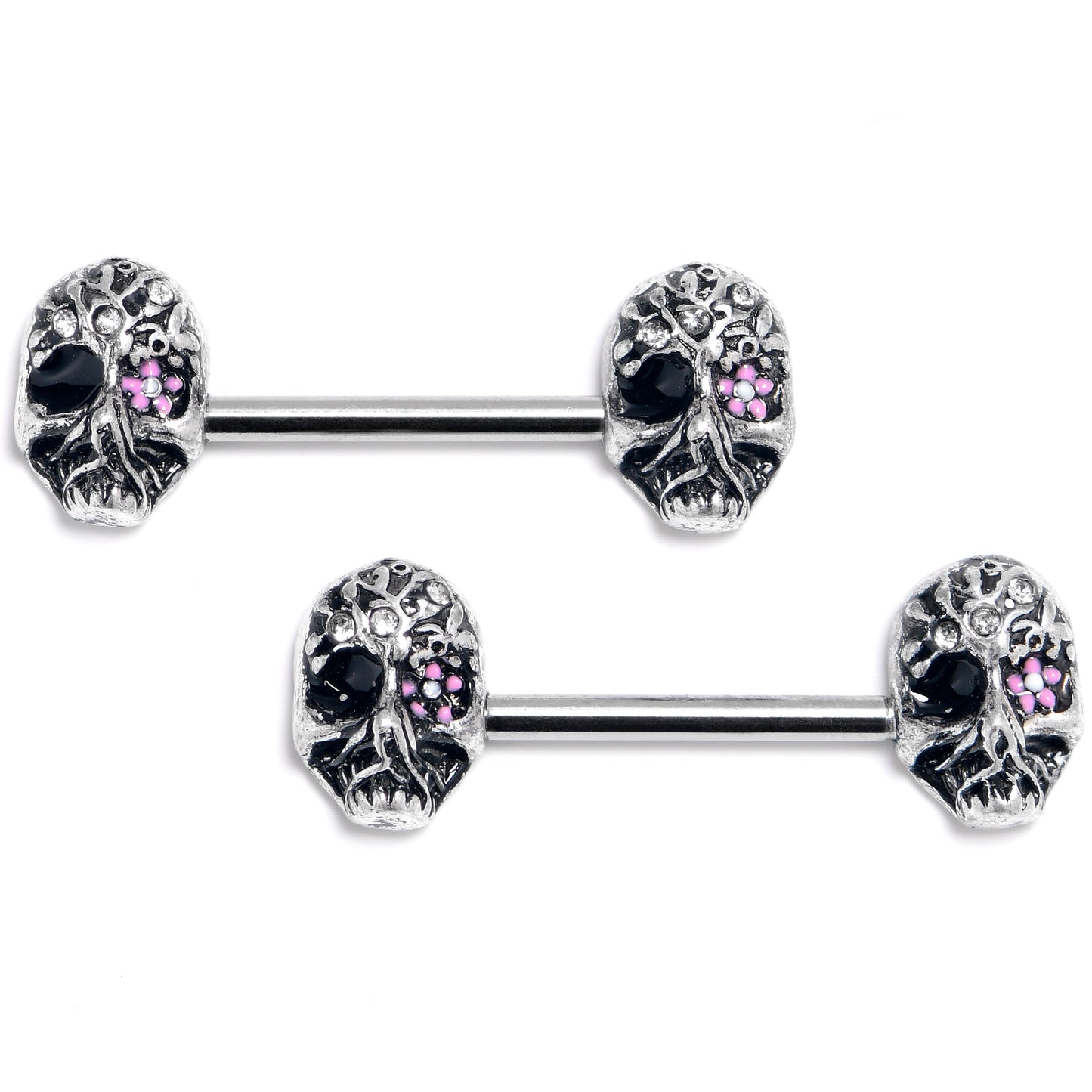 14G 9/16 Gem Flower Eye Stylish Skull Barbell Nipple Ring Set