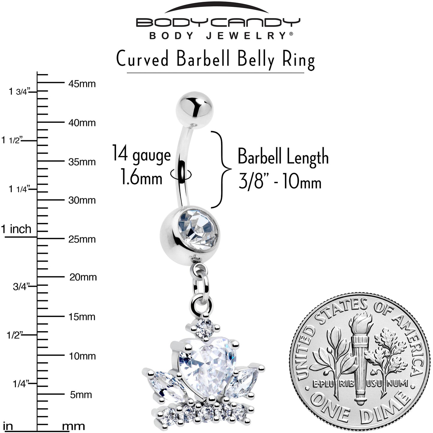 Clear Gem Heart Crown Dangle Belly Ring