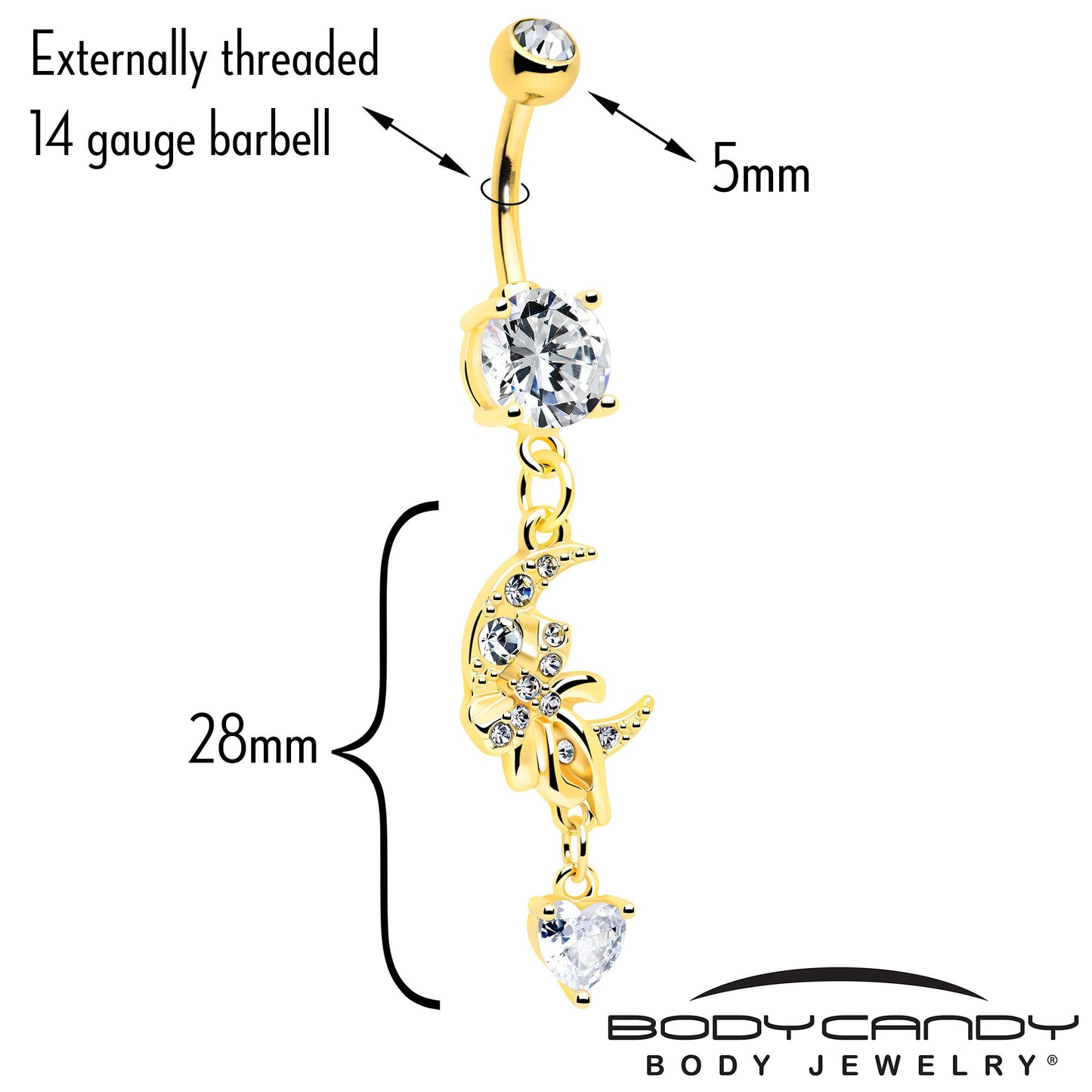 Clear CZ Gem Gold Tone Moon Bow Heart Dangle Belly Ring