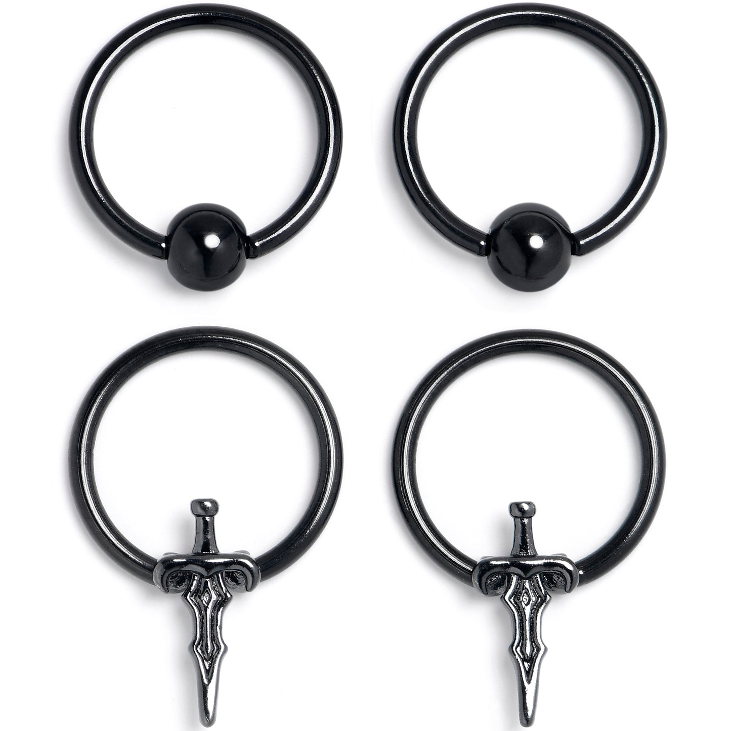 16G 3/8 Black Medieval Sword BCR Captive Ring Set of 4
