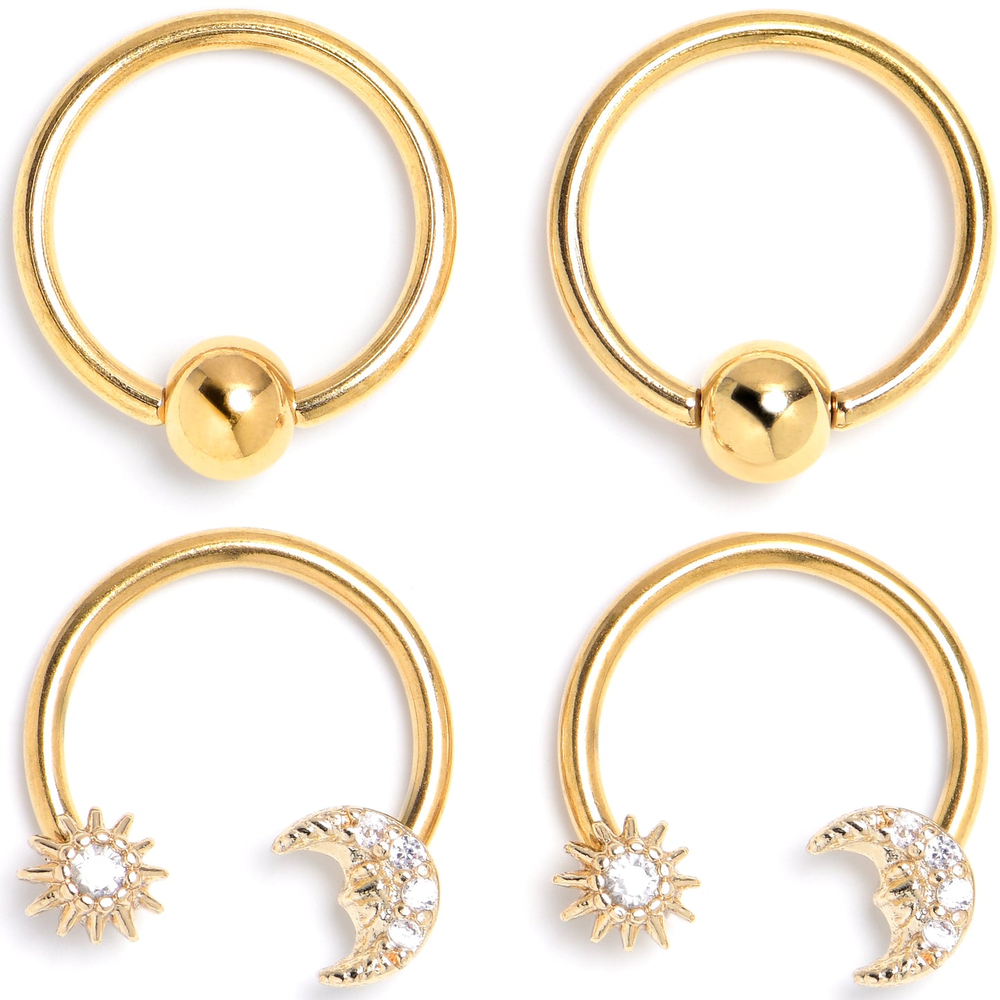 16G 3/8 Clear Gem Gold Tone Moon Sun BCR Captive Horseshoe Set of 4