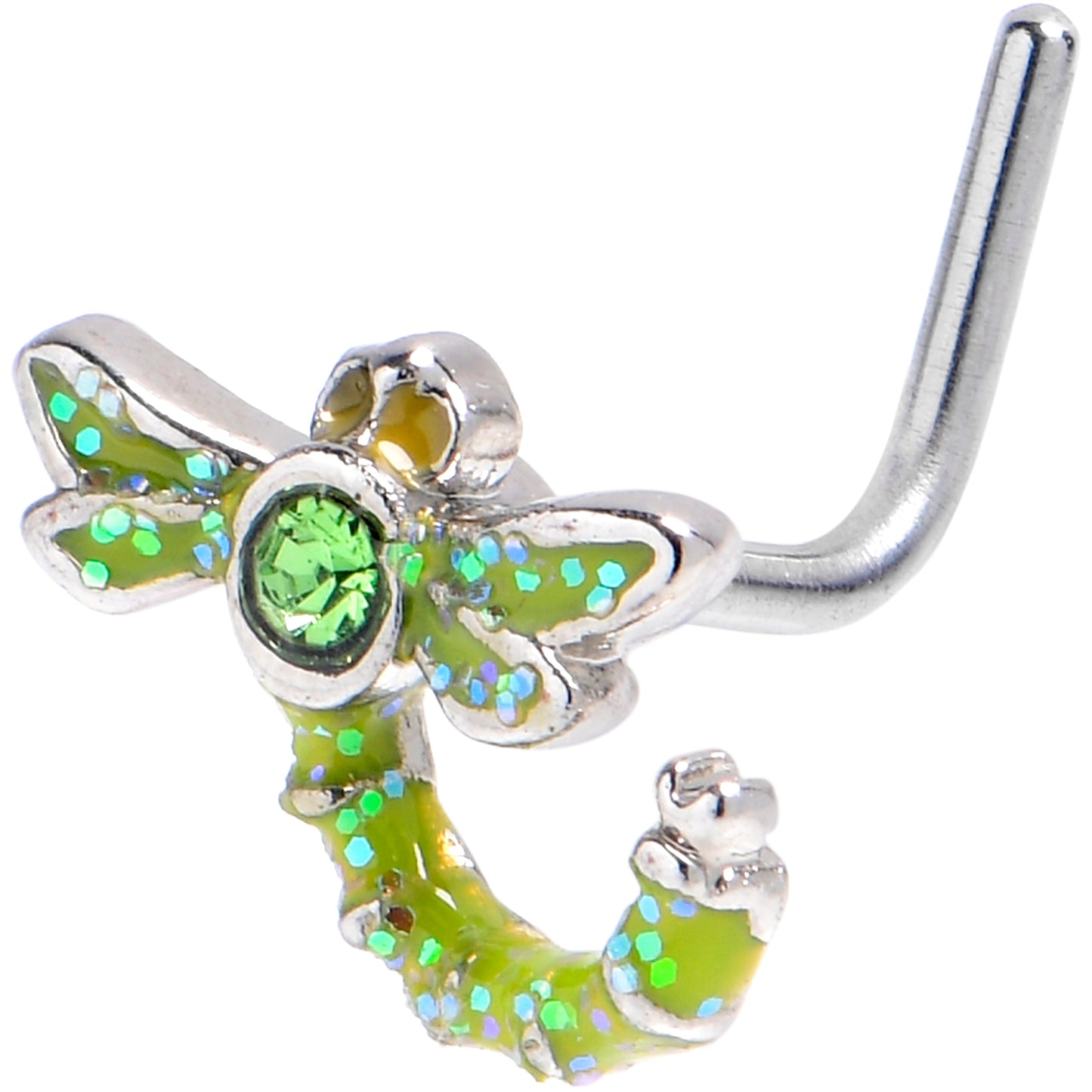 20G 7mm Green Gem Glitter Dragonfly L Shape Nose Ring