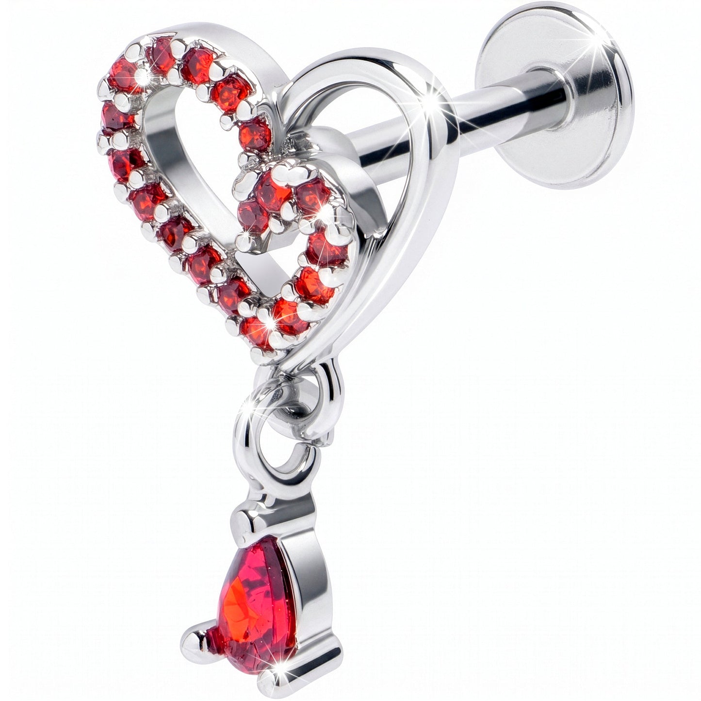 16G 5/16 Red CZ Gem Asymmetrical Heart Dangle Labret Monroe Tragus