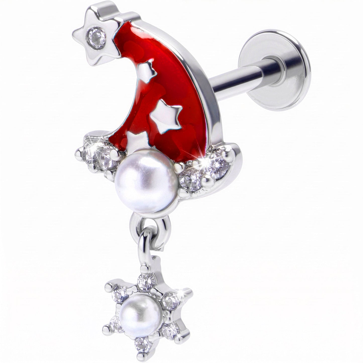 16G 5/16 Clear Gem Santa Hat Stars Red Dangle Labret Monroe Tragus