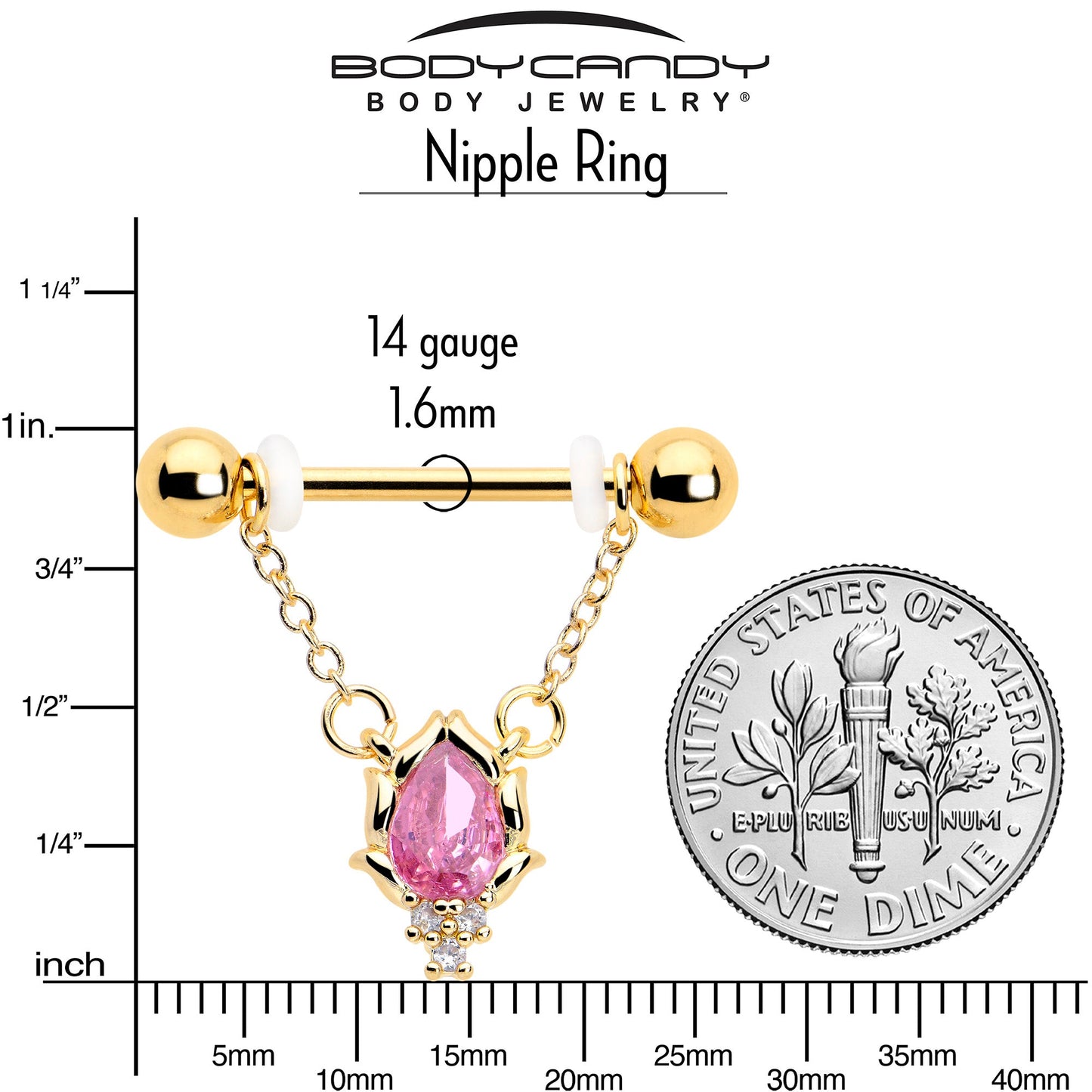 14G 9/16 Pink CZ Gem Gold Tone Style Fire Dangle Nipple Ring Set