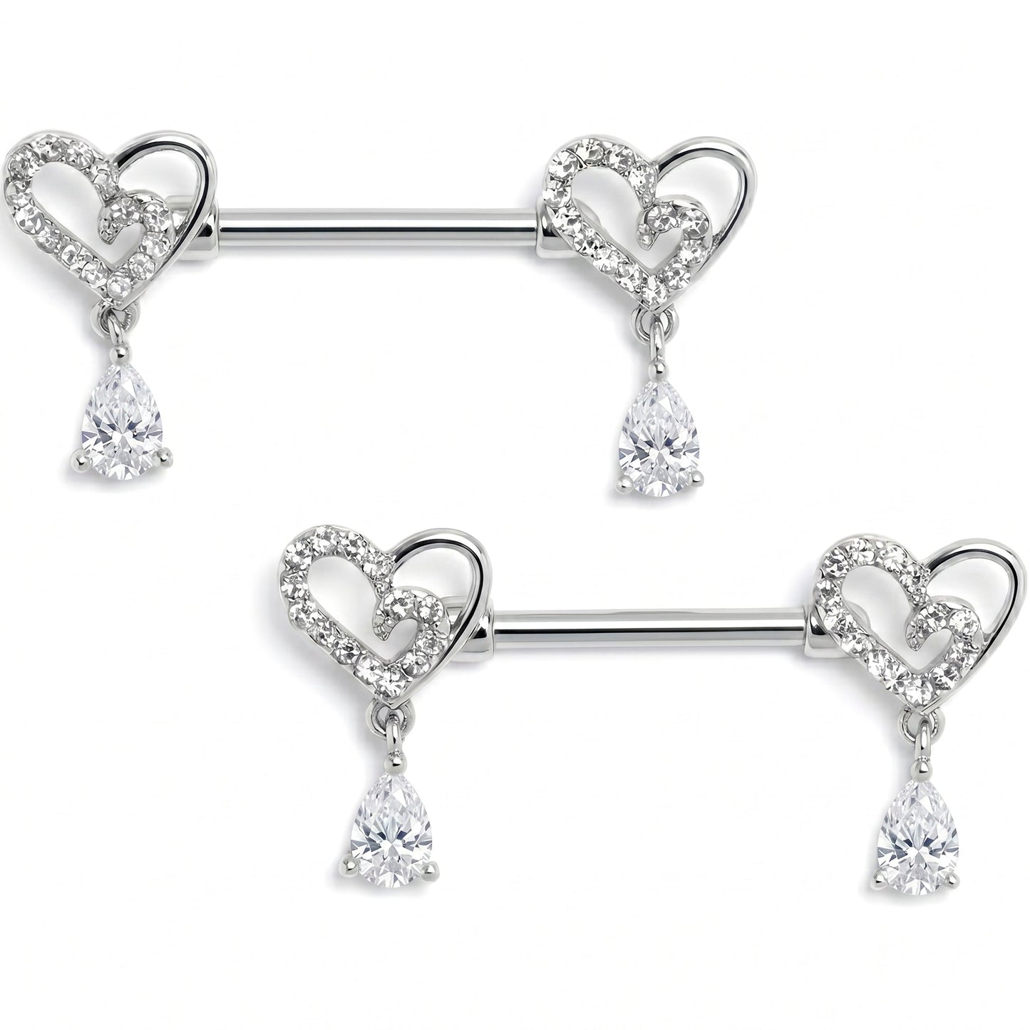 14G 9/16 Clear CZ Gem Asymmetrical Heart Dangle Nipple Ring Set