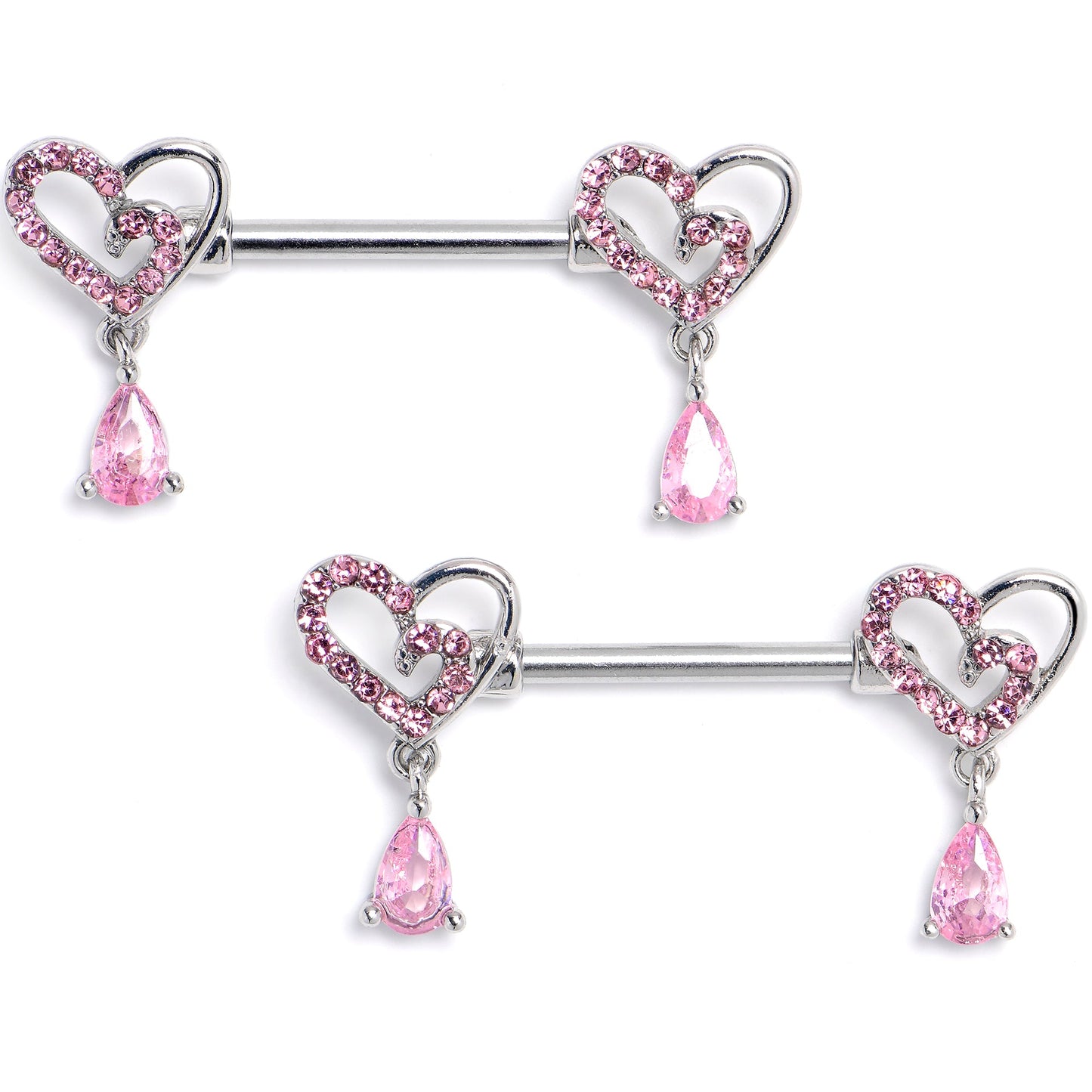 14G 9/16 Pink CZ Gem Asymmetrical Heart Dangle Nipple Ring Set