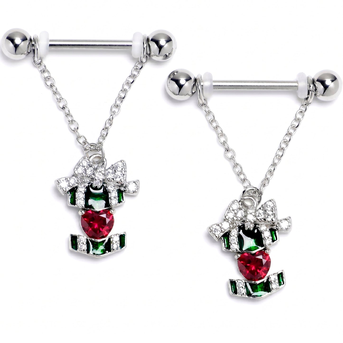 14G 9/16 Red Green Gem Holiday Abstract Heart Dangle Nipple Ring Set