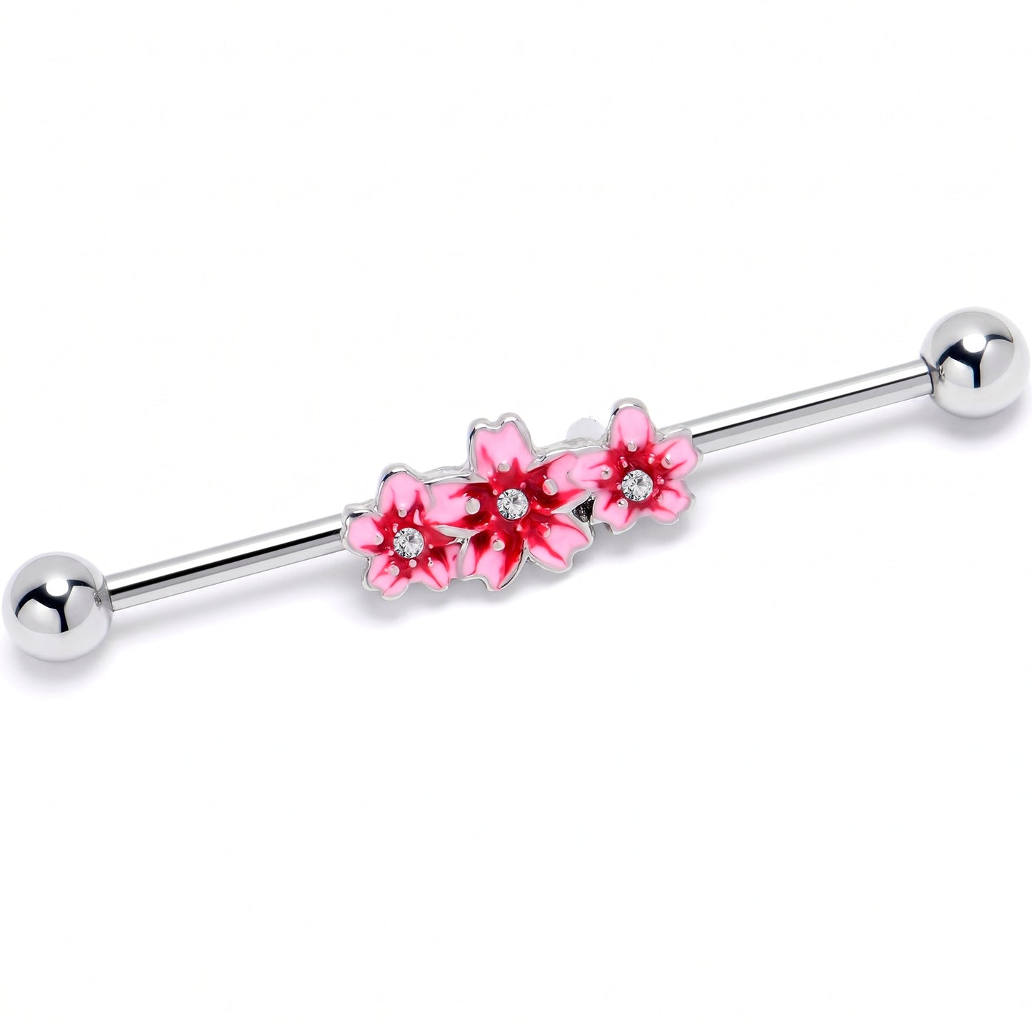 14G Clear Gem Perfect Pink Flower Trio Industrial Barbell 38mm