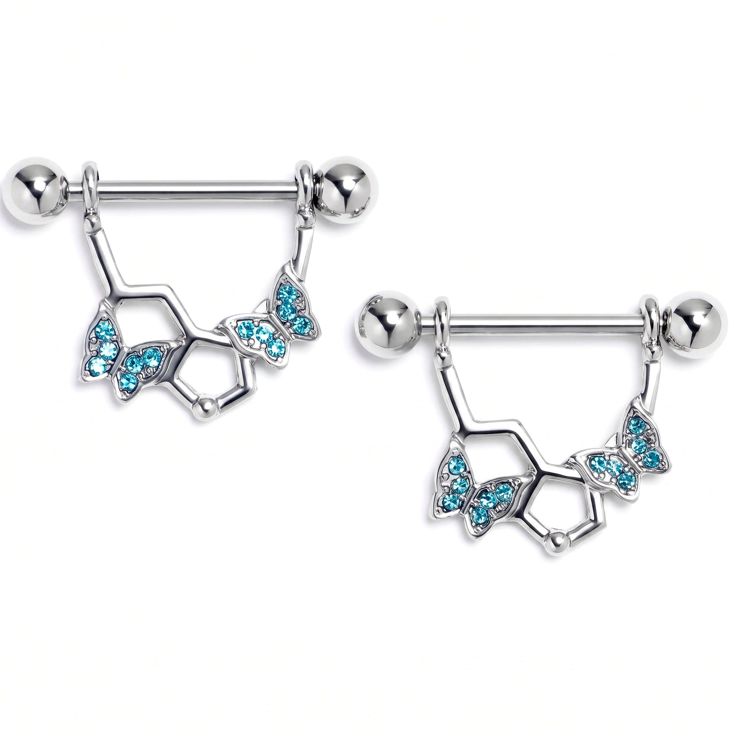 14G 9/16 Blue Gem Hexagon Butterfly Dangle Nipple Ring Set