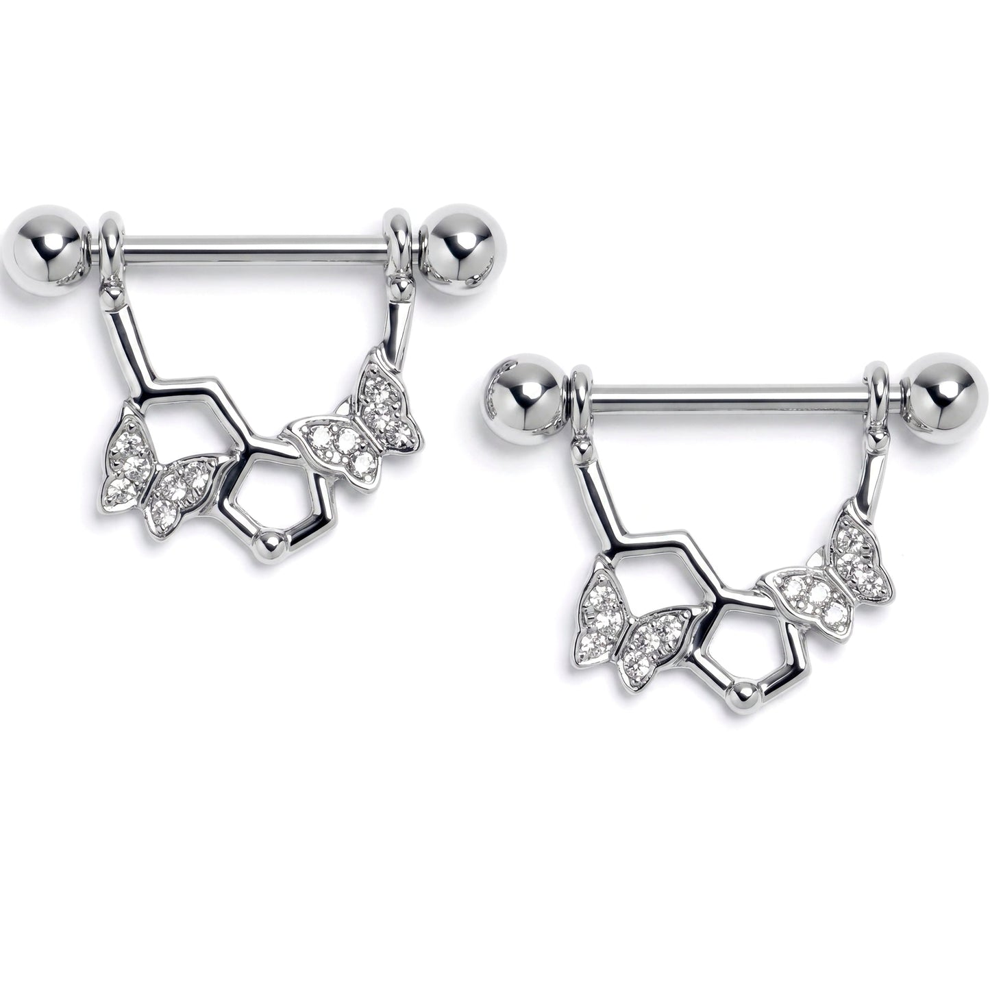 14G 9/16 Clear Gem Hexagon Butterfly Dangle Nipple Ring Set
