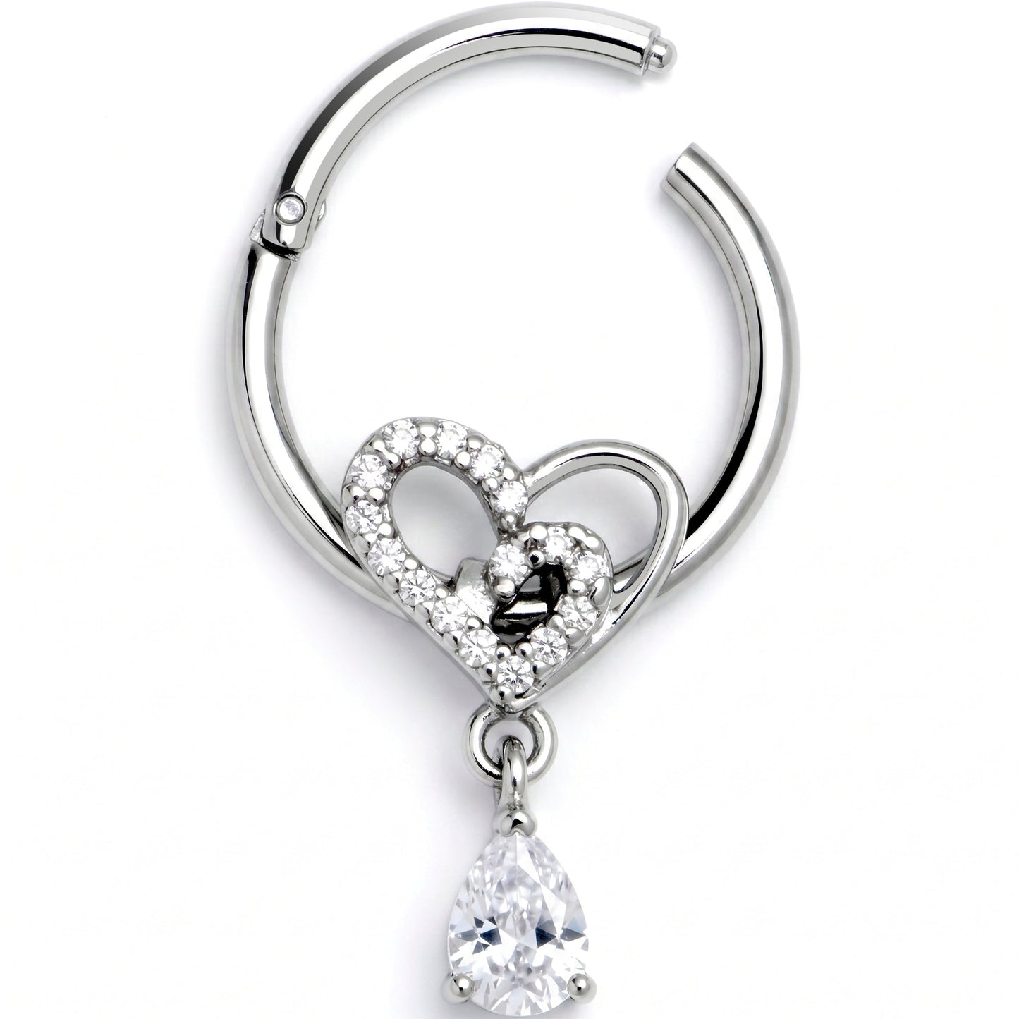 16G 3/8 Clear CZ Gem Asymmetrical Heart Dangle Hinged Segment Ring