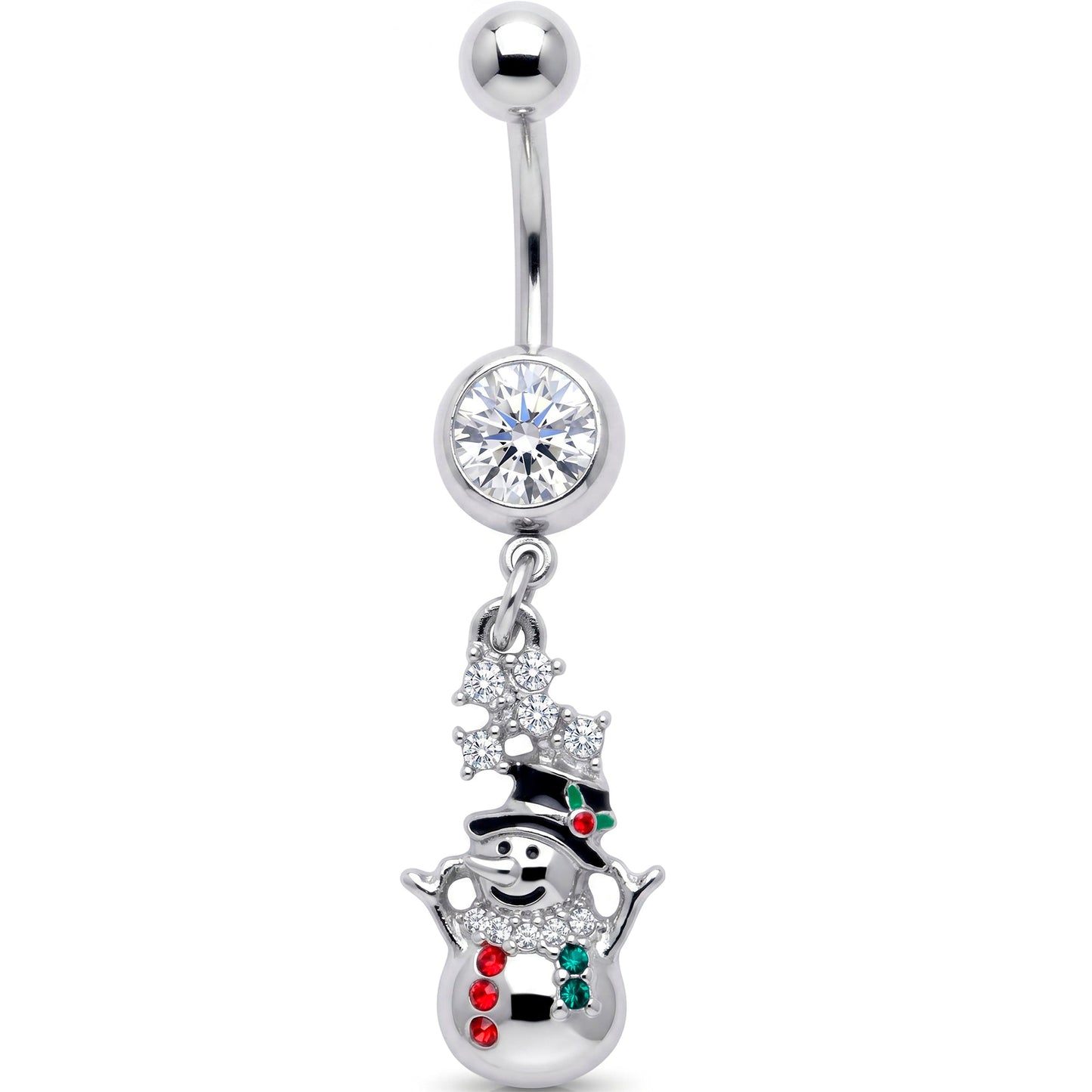 Red Clear Green Gem Opulent Snowman Holiday Dangle Belly Ring