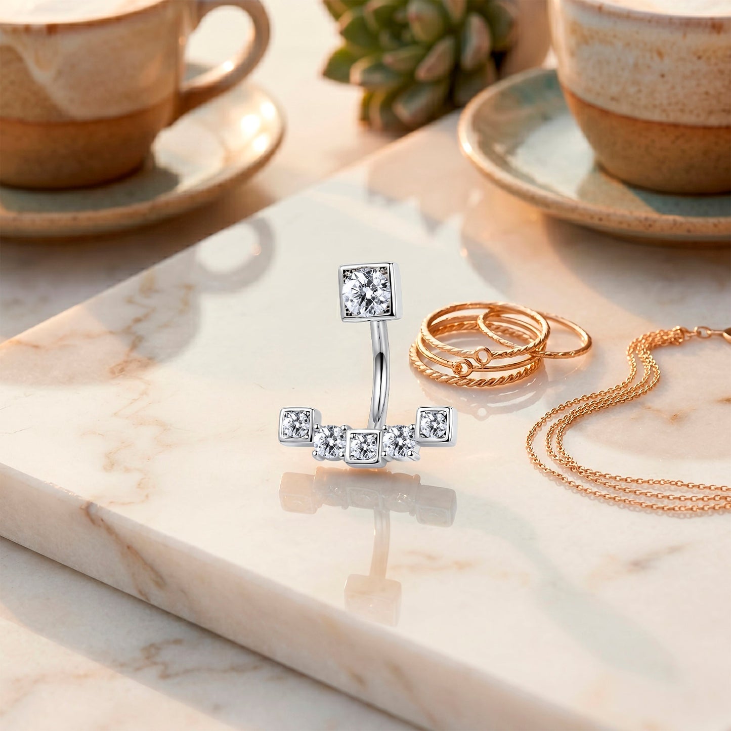 Clear CZ Gem Blocky Arch Double Mount Belly Ring