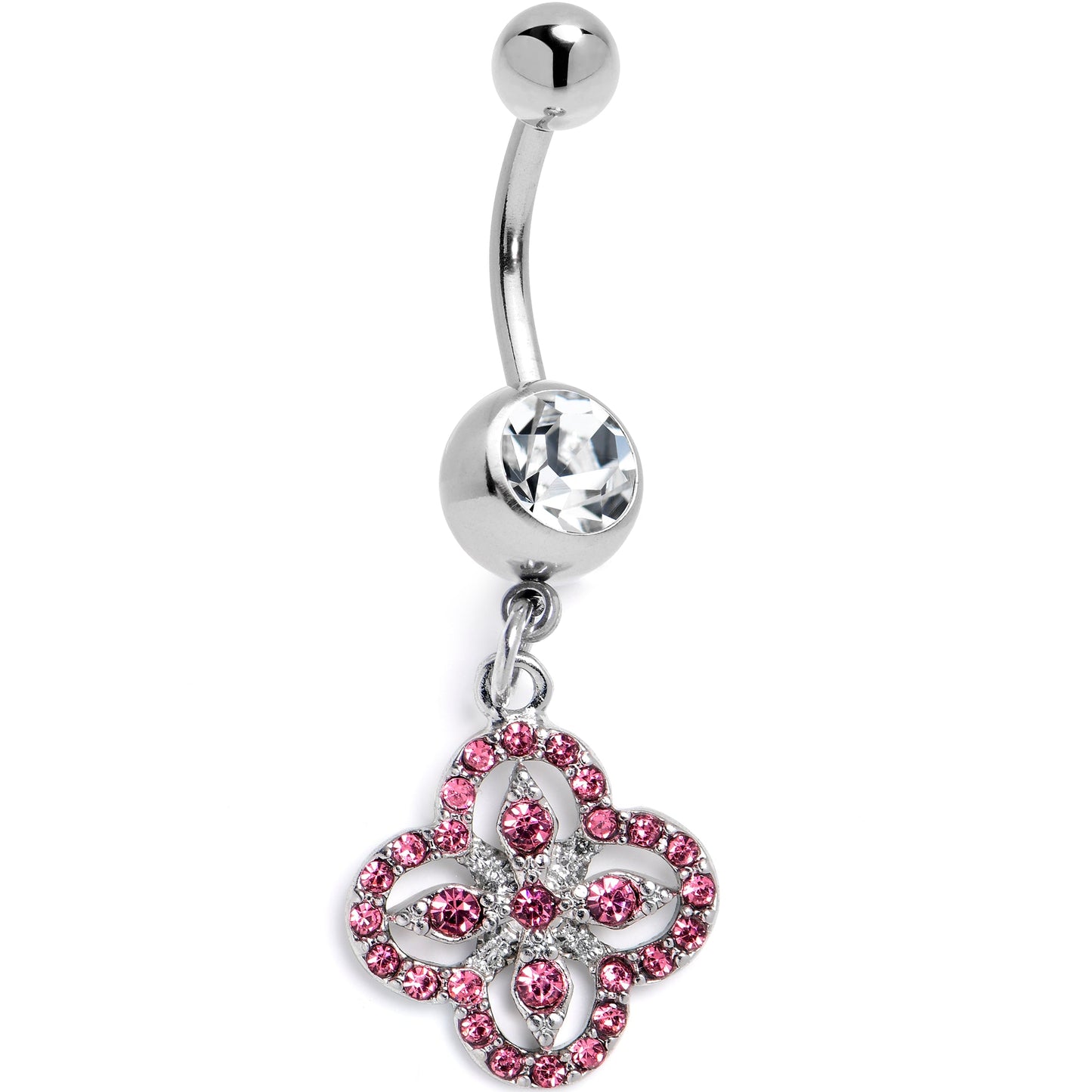 Clear Pink Gem Curved Cross Dangle Belly Ring