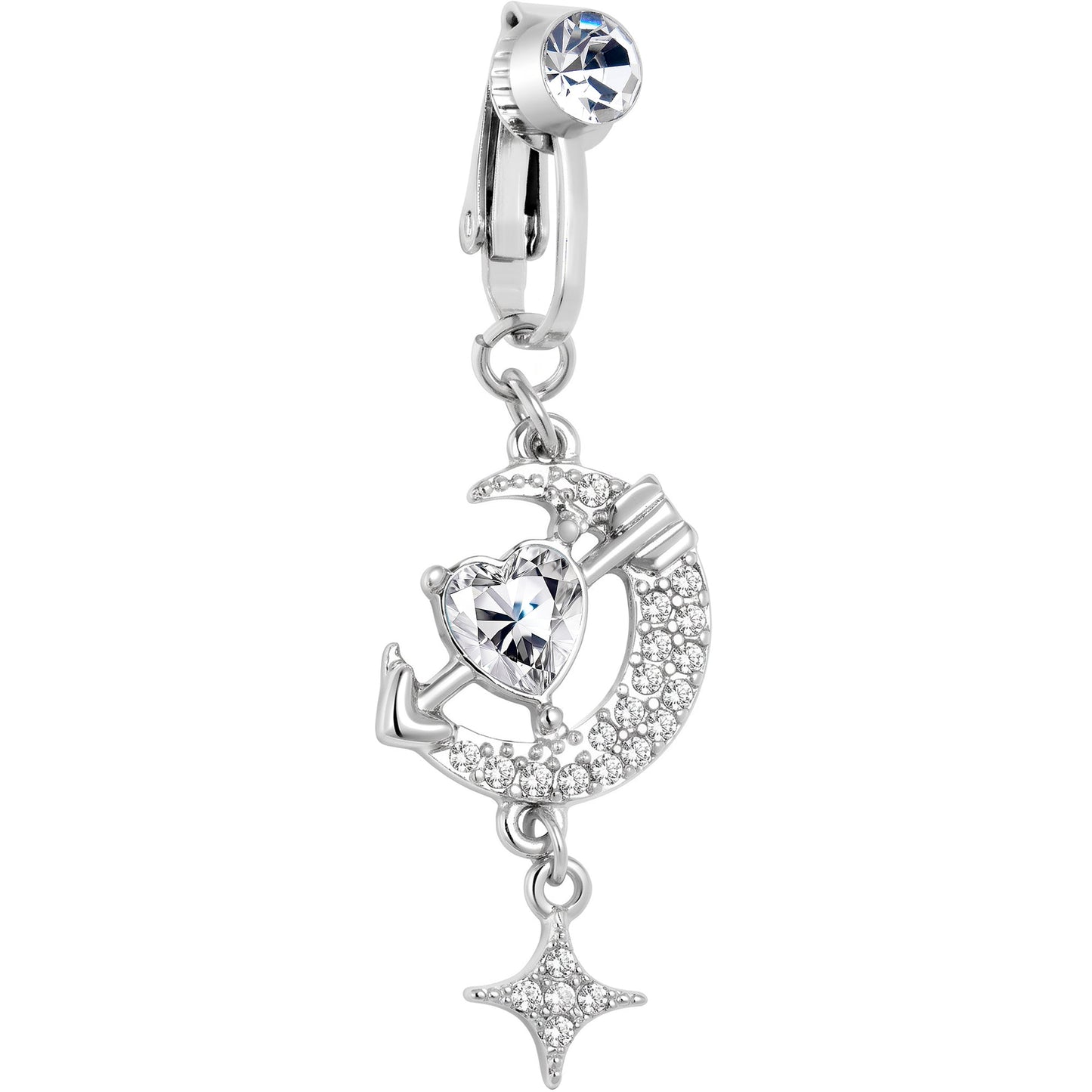 Clear Gem Moon Lover Dangle Clip On Fake Belly Ring