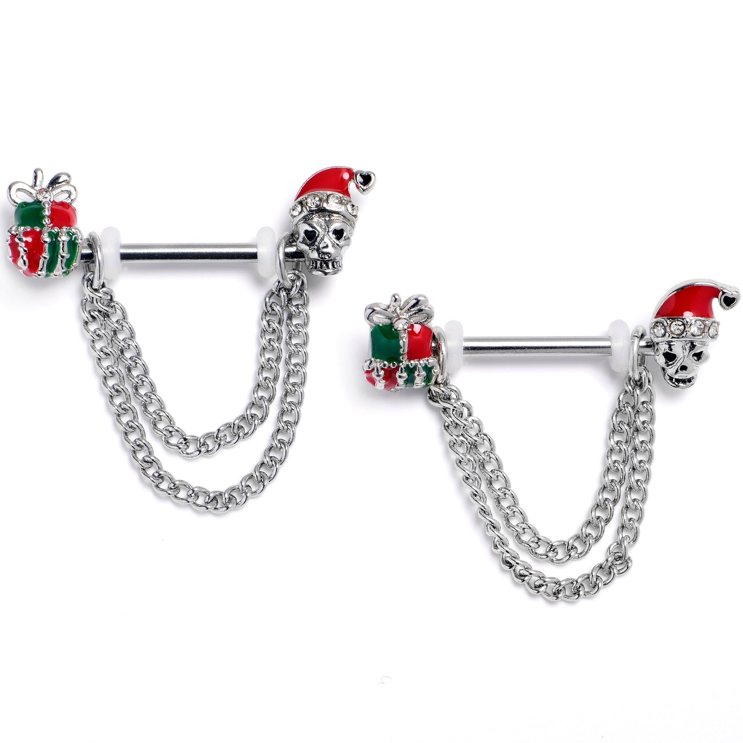 14G 9/16 Clear Gem Santa Skull Gift Chain Dangle Nipple Ring Set