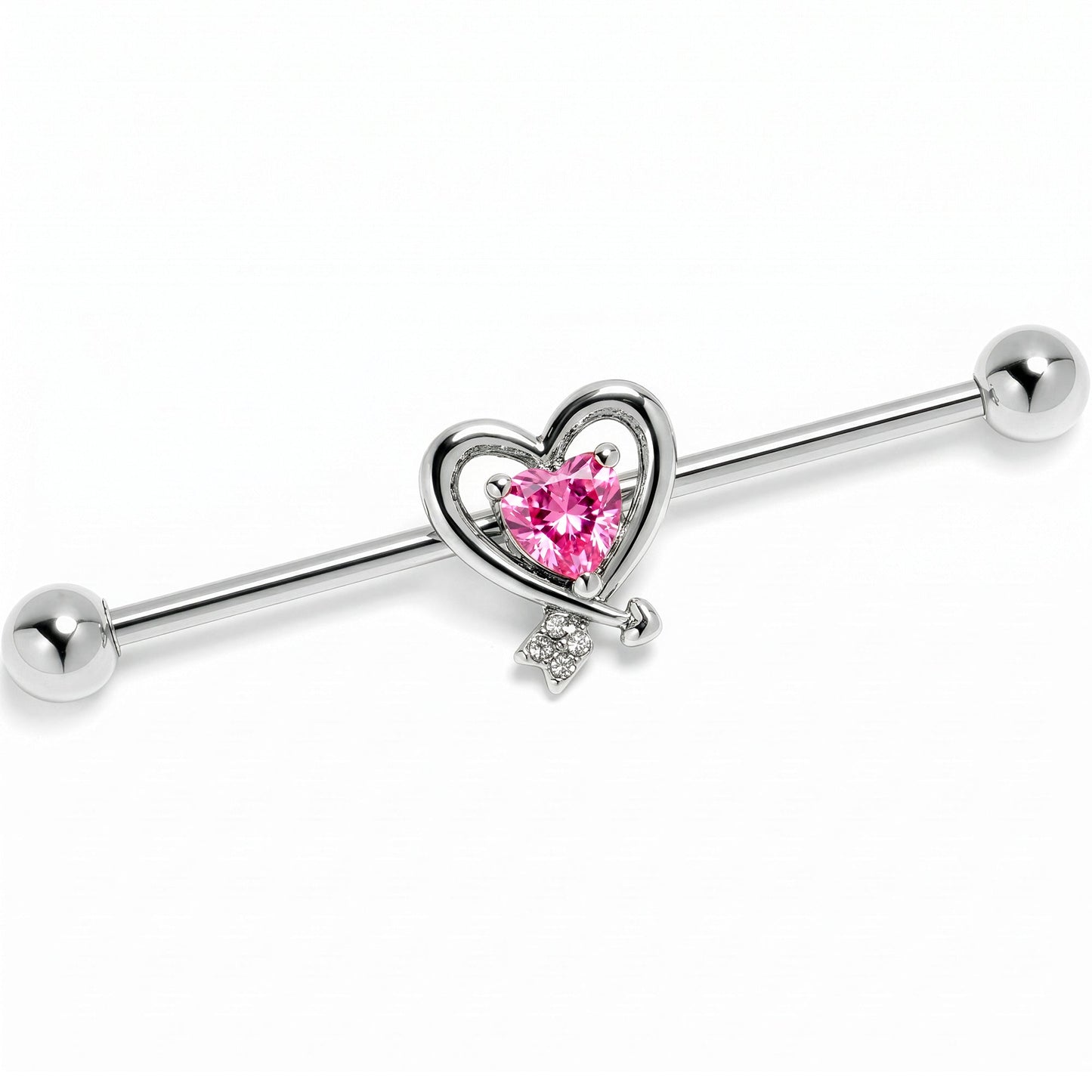 14G Pink CZ Gem Wrapped in Heart Industrial Barbell 38mm