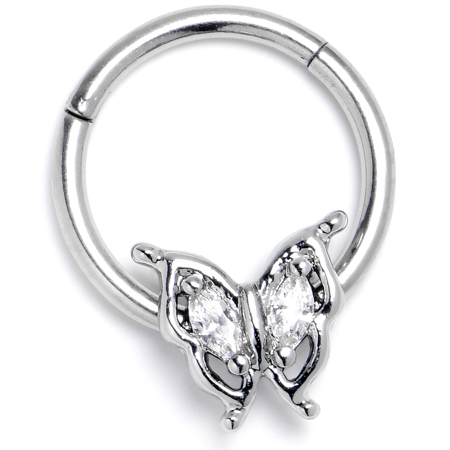 16G 3/8 Clear Gem Fancy Fab Butterfly Hinged Segment Ring